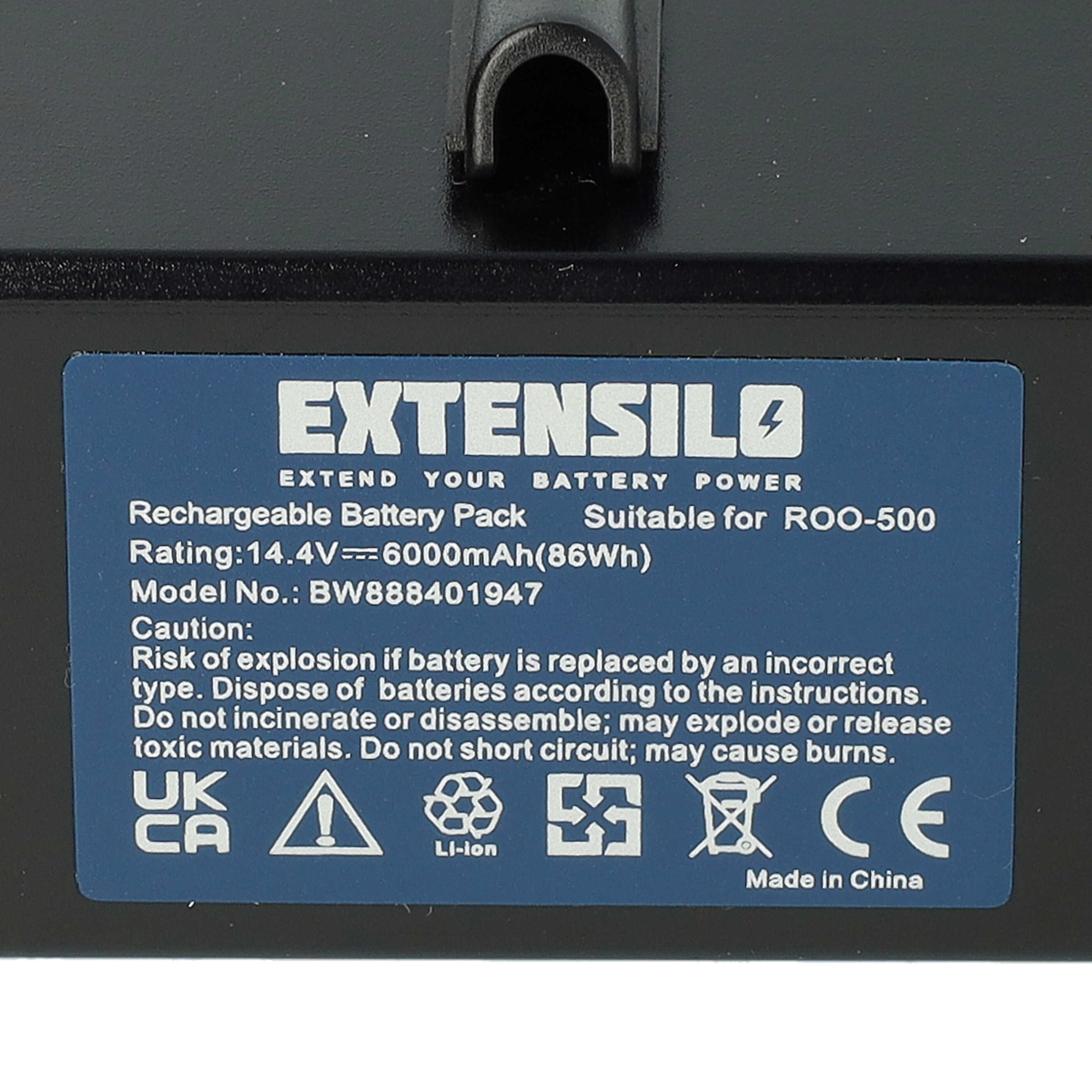 Ein blaues Etikett auf schwarzem Gehäuse zeigt technische Daten und Warnhinweise für einen Extensilo Akku.