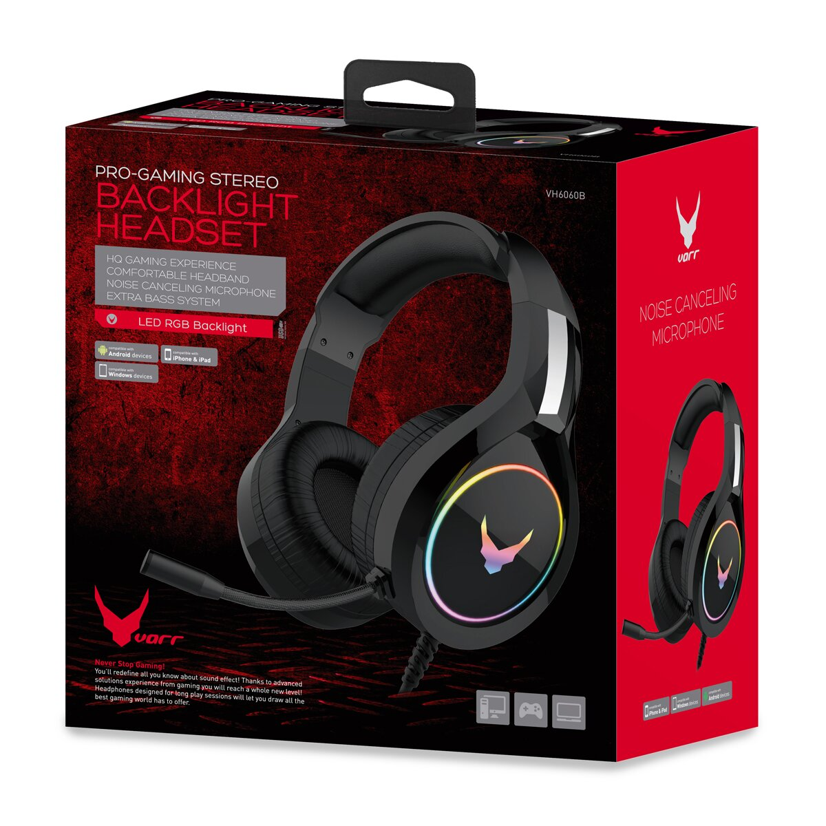 A black Varr gaming headset box with red accents, showing the headset with LED ring and microphone.
