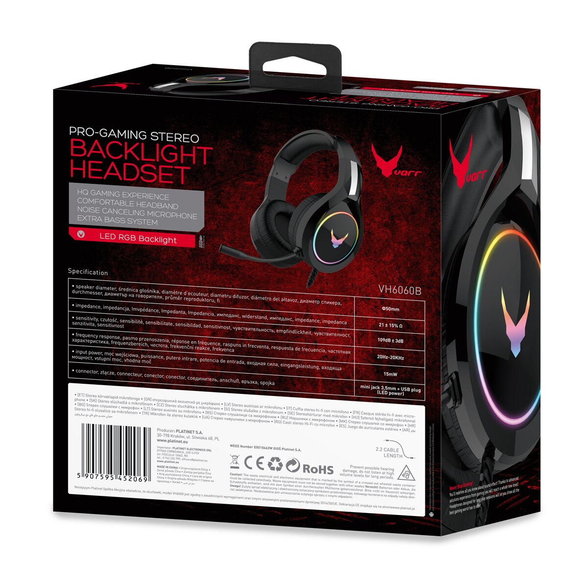 Packaging for a pro-gaming stereo headset featuring red and black design, technical specs, and RGB lighting.