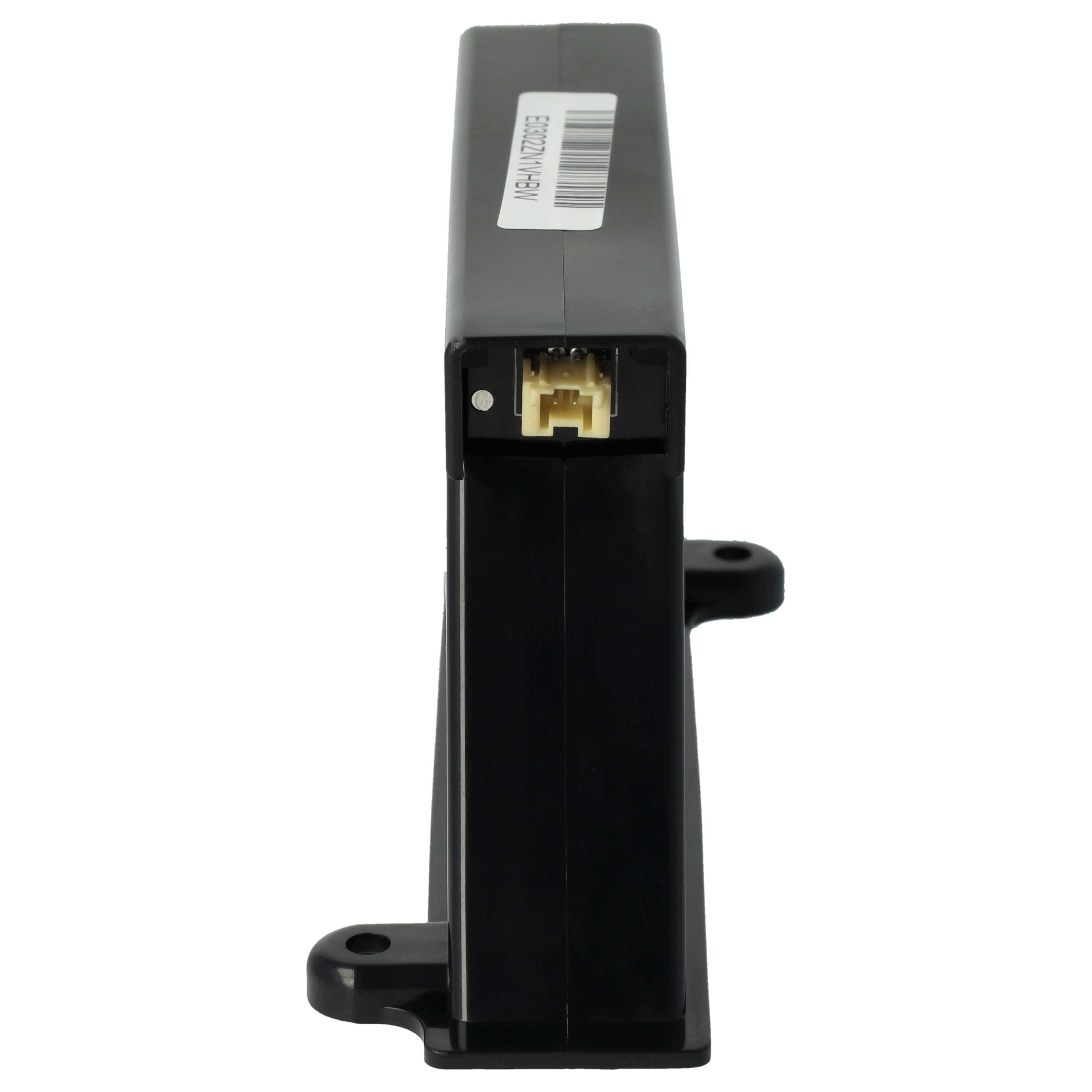 Ein längliches schwarzes Elektronikgehäuse mit einem Barcode oben und einem gelben Stecker an der Vorderseite.