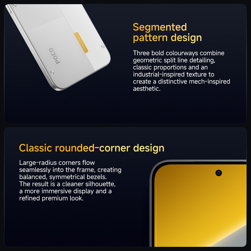 Gráfico promocional muestra el smartphone POCO con diseño de patrón segmentado y pantalla redondeada.