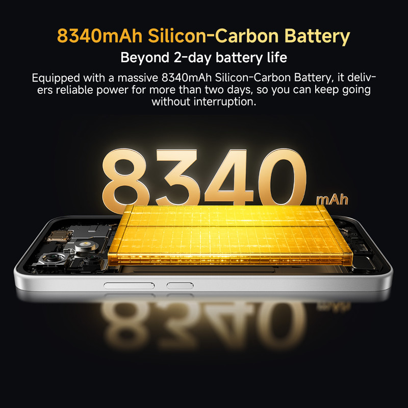 Interior de smartphone con batería dorada de silicio-carbono de 8340mAh y texto sobre su duración de 2 días.