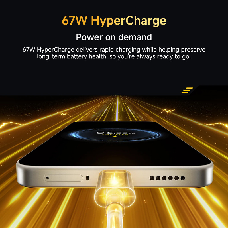 Un smartphone conectado a un cable amarillo brillante con líneas de velocidad de fondo, promocionando 67W HyperCharge.