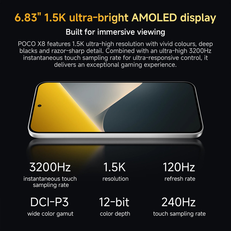 Smartphone con pantalla AMOLED y especificaciones como 120Hz y resolución 1.5K.