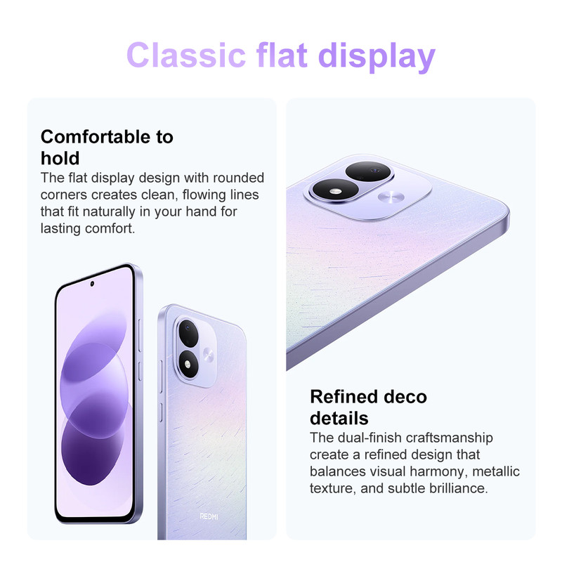 Un smartphone morado con pantalla plana, doble cámara y cuerpo texturizado.