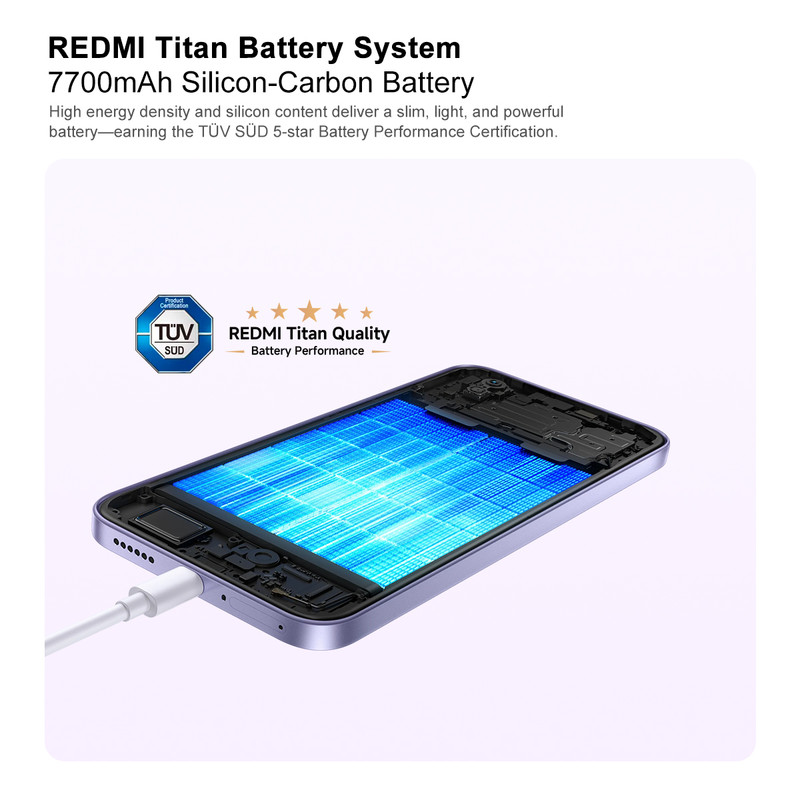El diagrama muestra la batería Redmi Titan de 7700mAh con certificación TÜV SÜD en un smartphone.