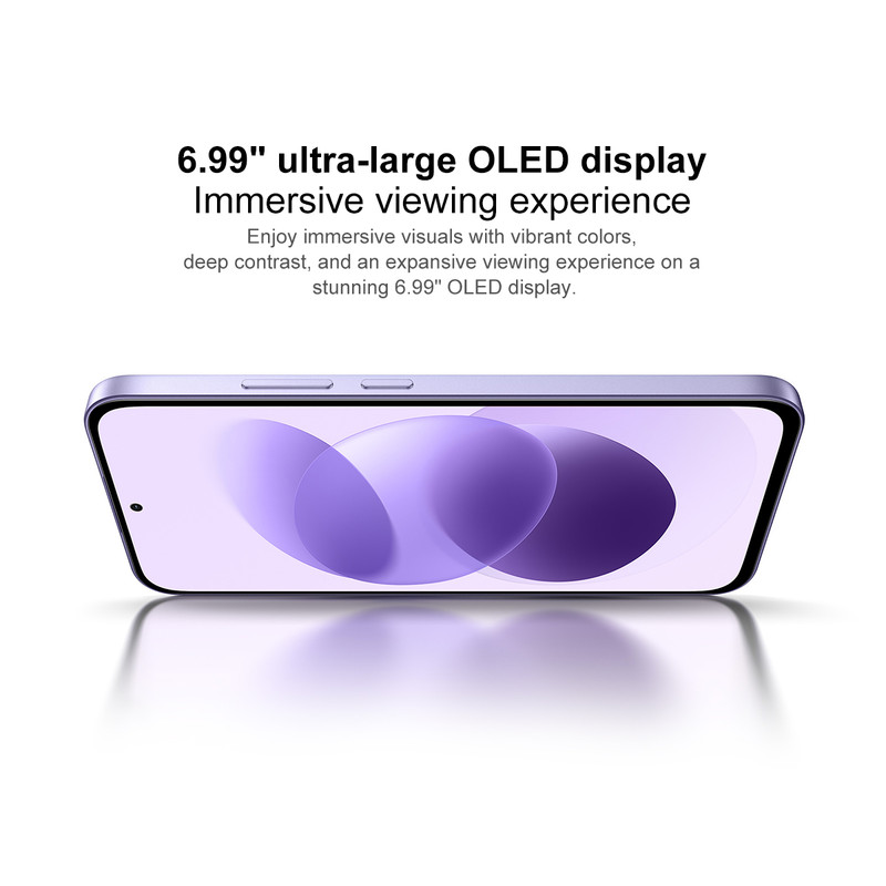 Un smartphone morado con pantalla OLED de 6.99 pulgadas y descripción.