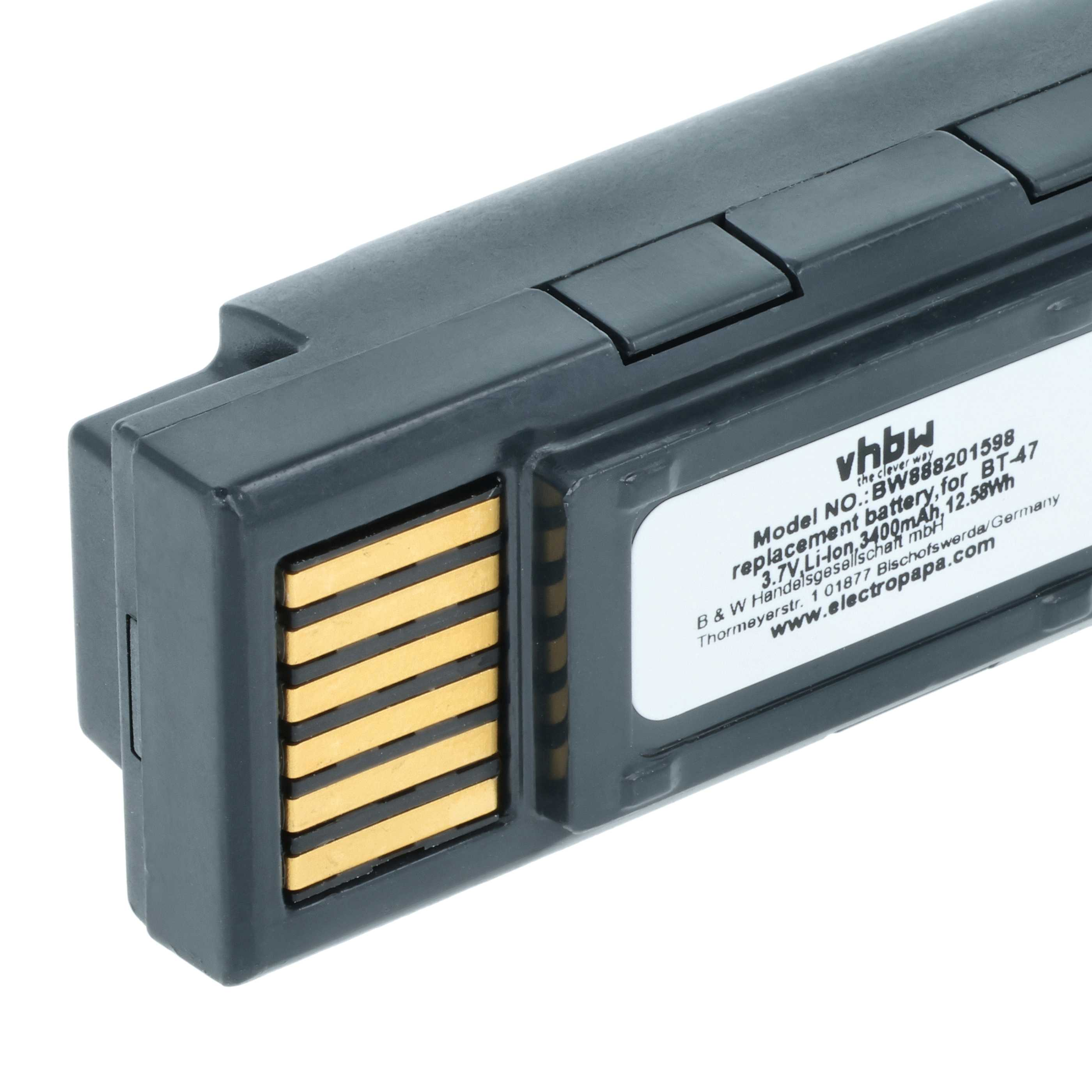Nahaufnahme einer schwarzen Lithium-Ionen-Batterie mit goldenen Kontaktpins und einem Etikett.