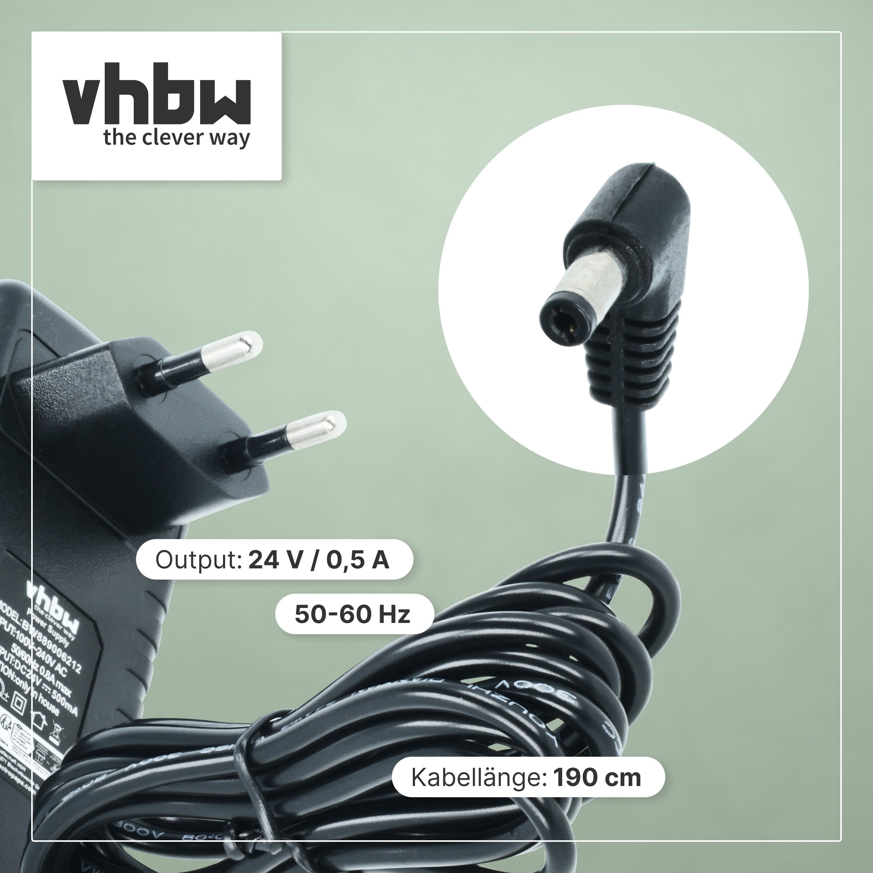 Schwarzes Netzteil mit EU-Stecker und Steckverbinder, 24V 0.5A, 190cm Kabel.
