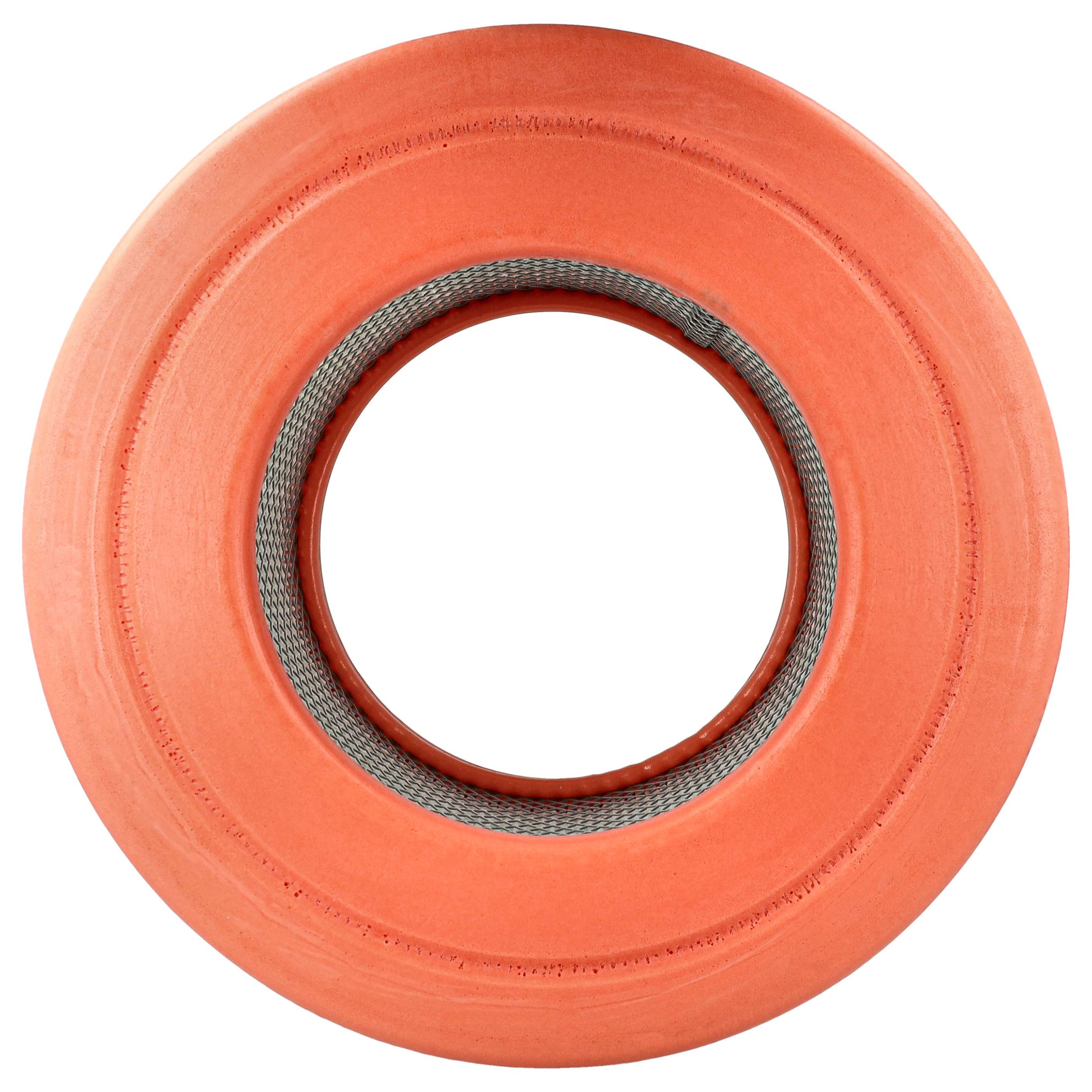 Runder Luftfilter mit orangefarbenem Rand und Metallnetz innen.