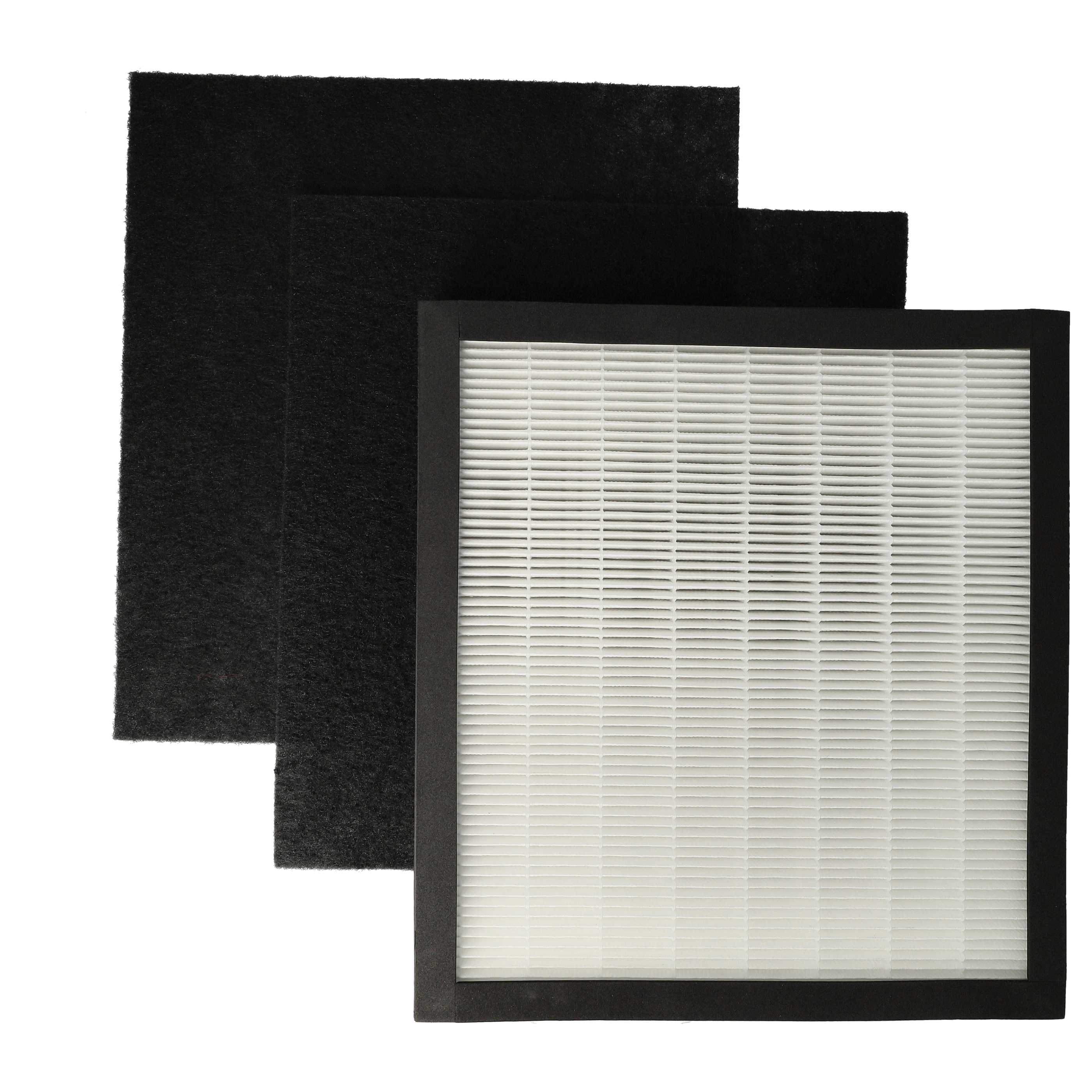 Drei schwarze Kohlefiltermatten hinter einem weißem Faltenfilter im schwarzen Rahmen.