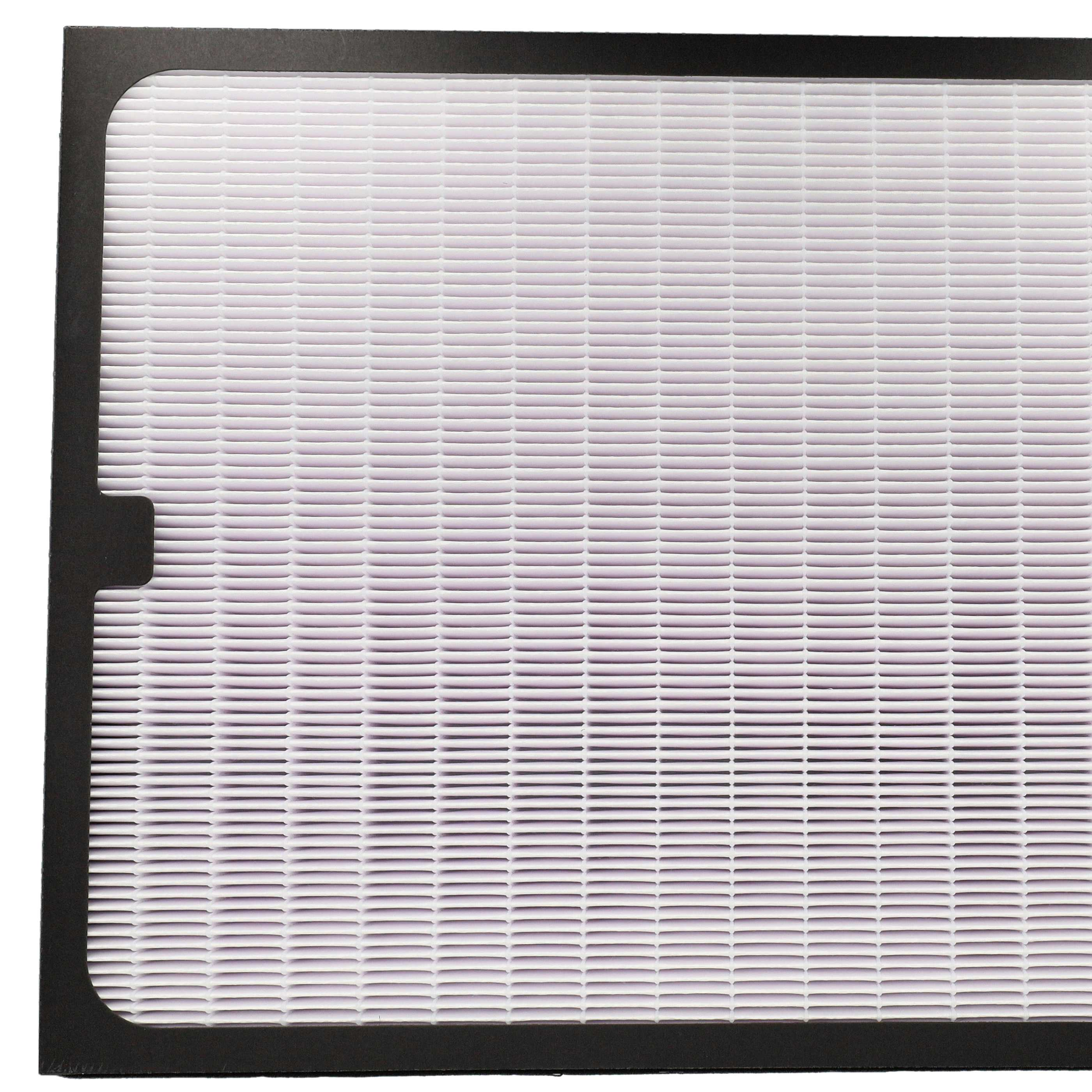 Ein weißer HEPA-Filter mit dichtem Lamellendesign und schwarzem Rahmen.