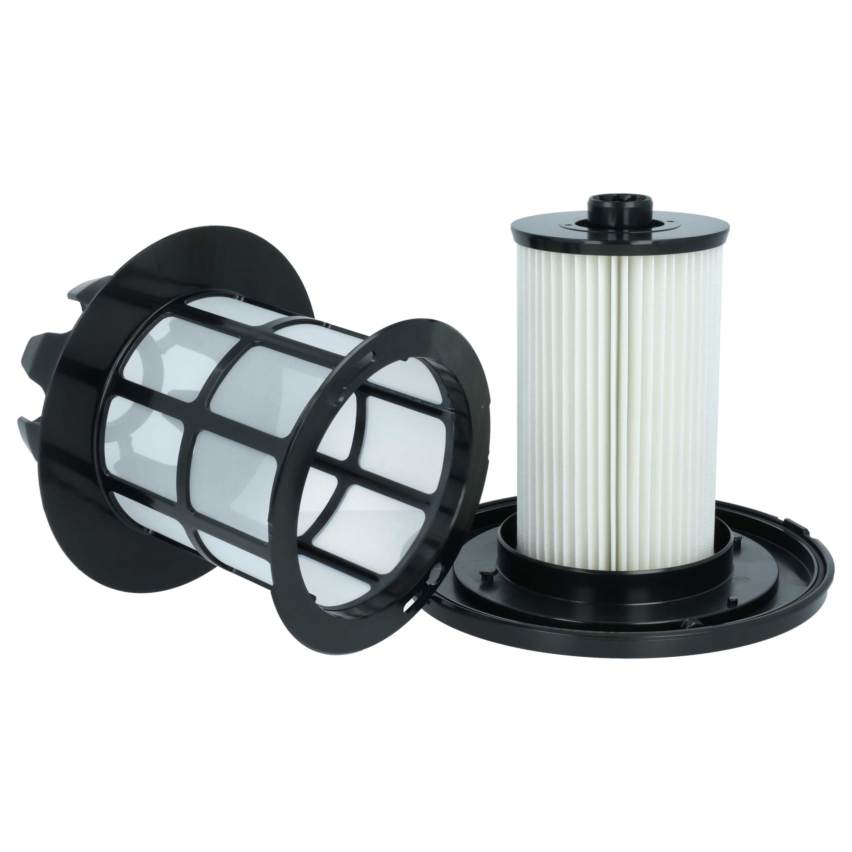 Zwei schwarze Staubsaugerfilter, einer liegend und einer stehend mit Falten.