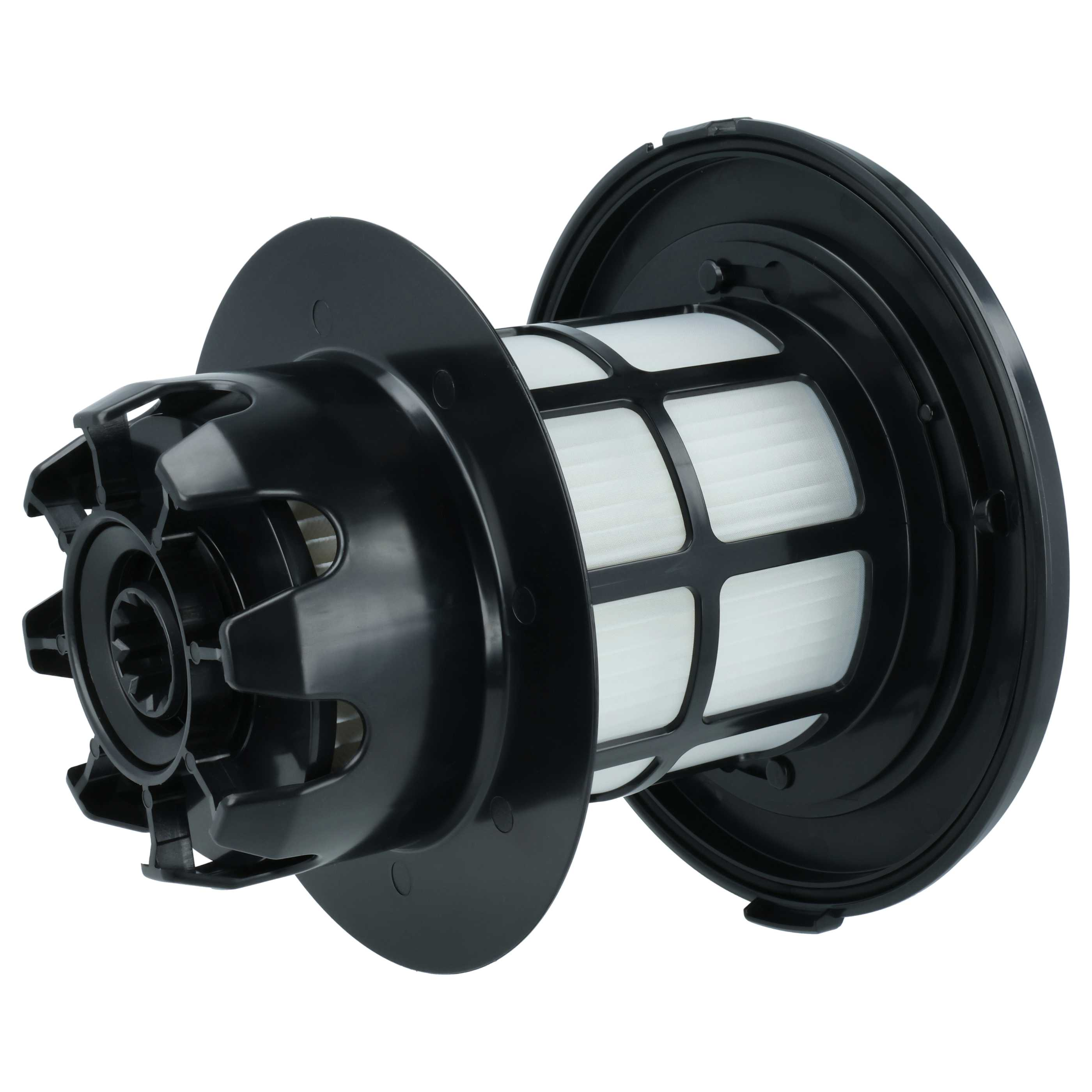 Ein zylindrischer Staubsaugerfilter mit schwarzem Kunststoffgehäuse und weißem Filterelement.