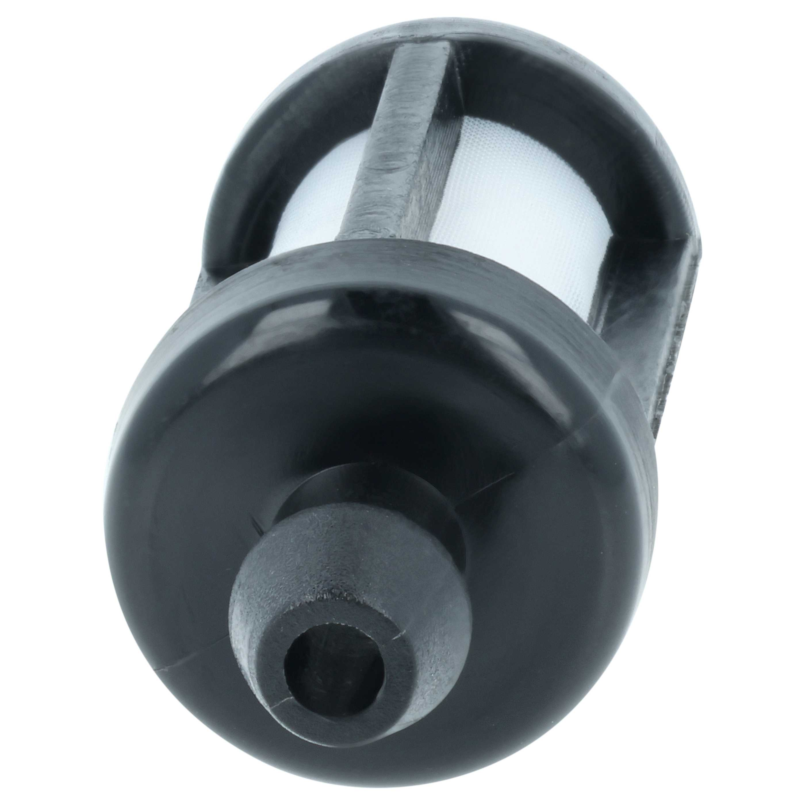 Ein kleiner schwarzer Kraftstofffilter mit weißem Innenelement auf weißem Hintergrund.