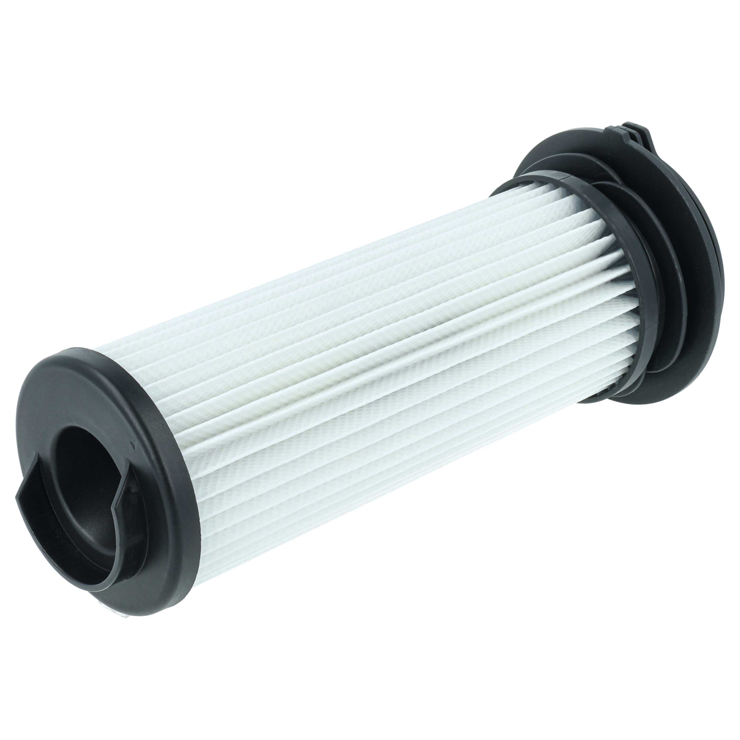 Zylindrischer weißer Faltenfilter mit schwarzen Plastikenden auf weißem Hintergrund.