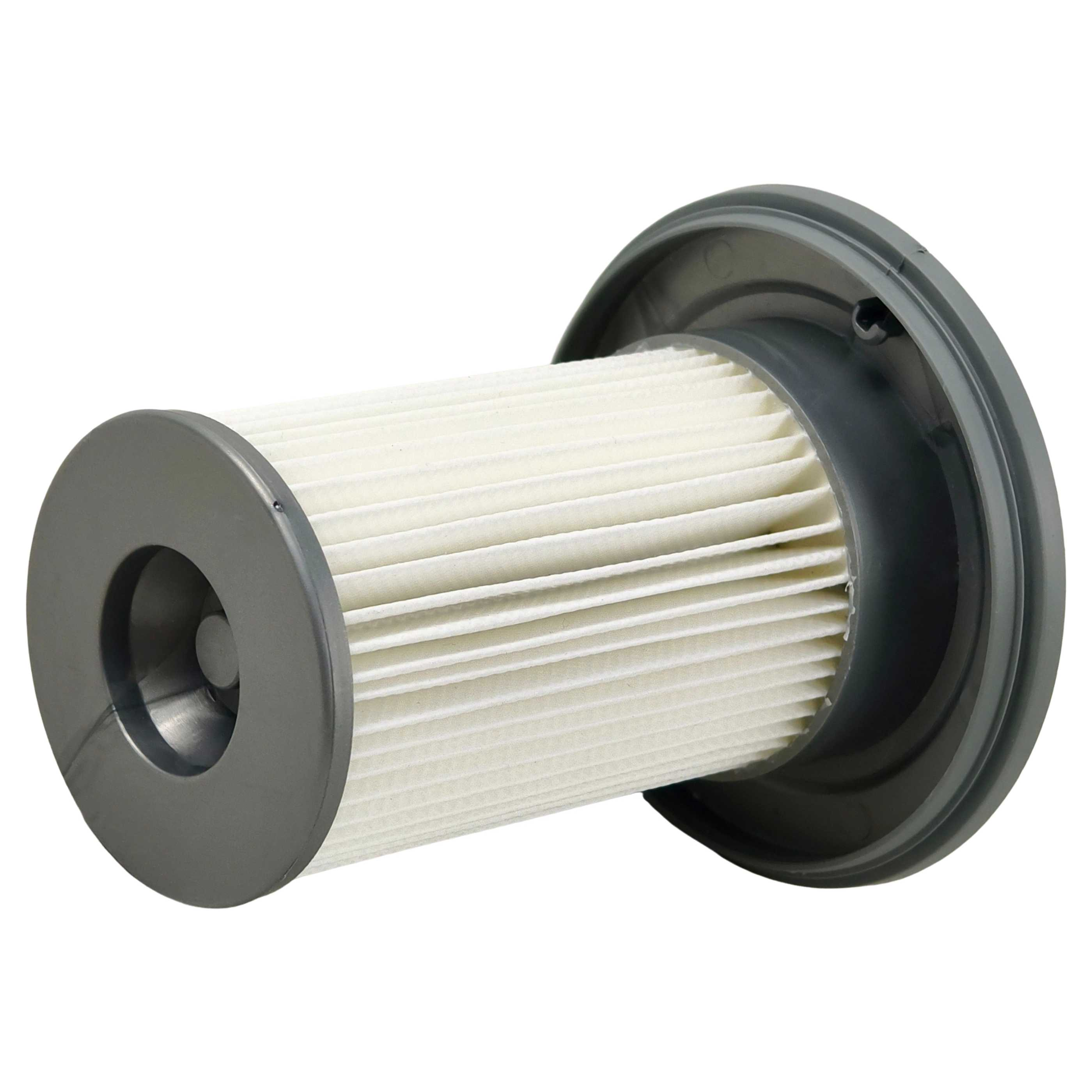 Ein zylindrischer Staubsaugerfilter mit weißen Falten und grauen Plastikenden.