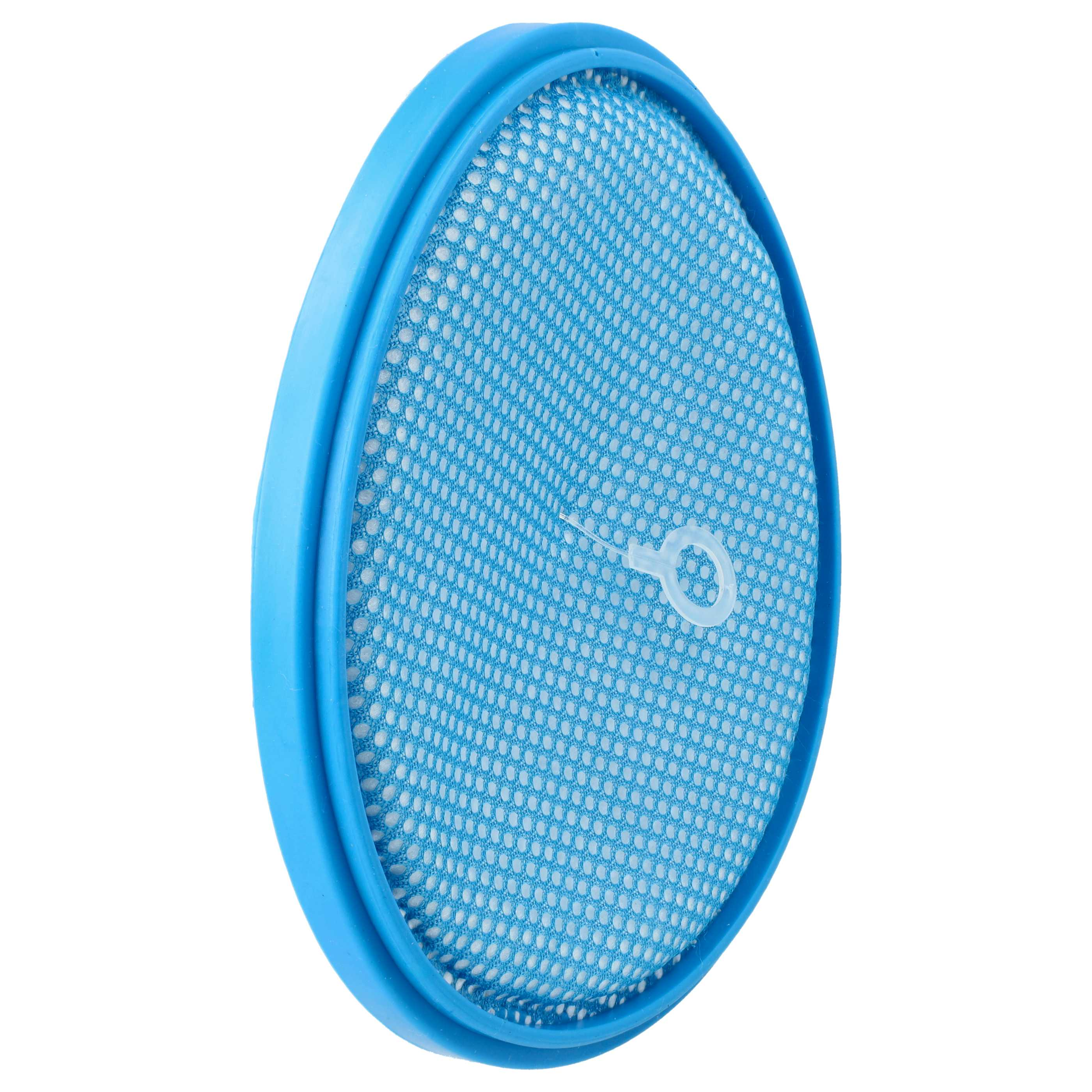 Ein runder blauer Staubsaugerfilter mit weißem Netz.