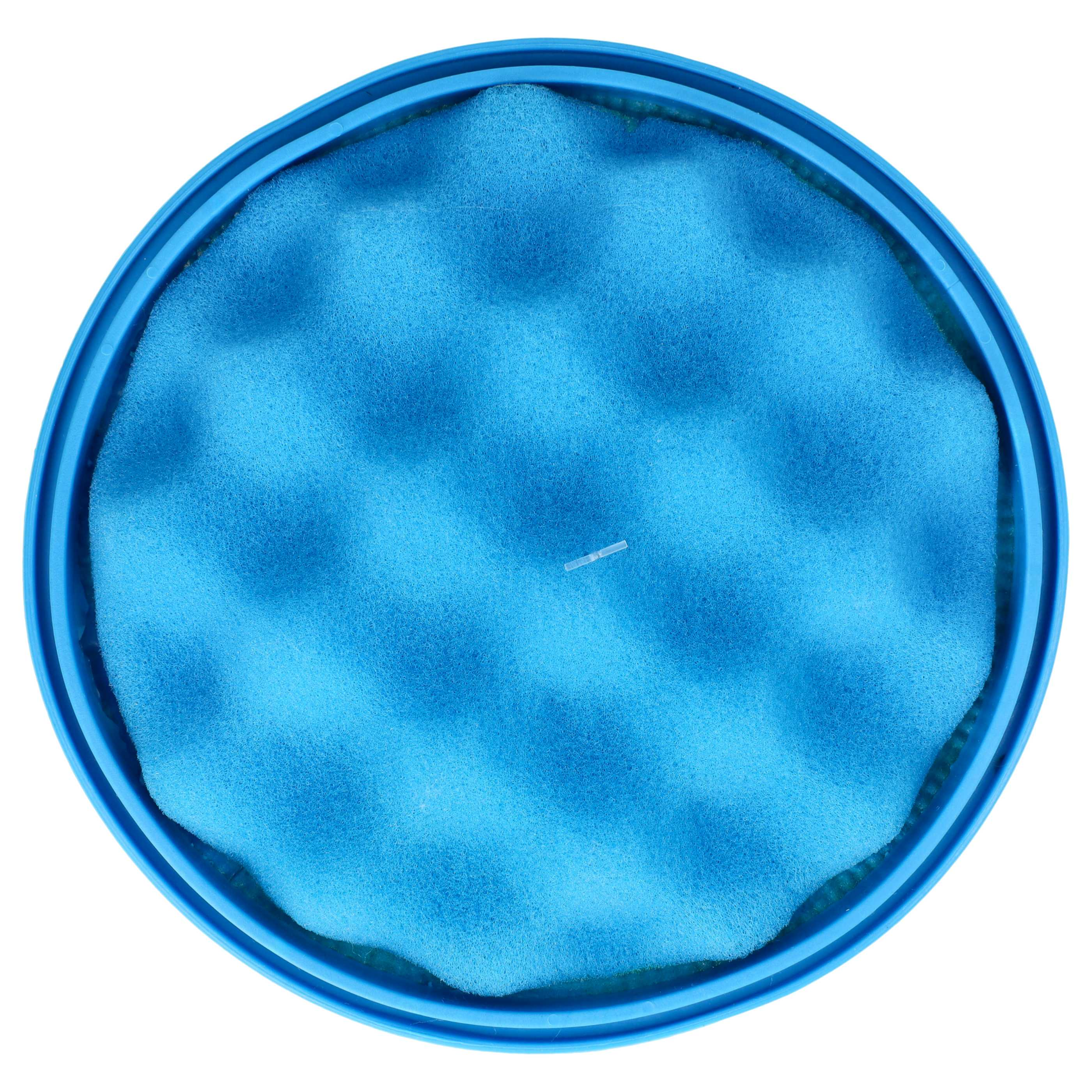 Ein runder blauer Filter mit einer strukturierten blauen Schaumstoffeinlage von oben gesehen.