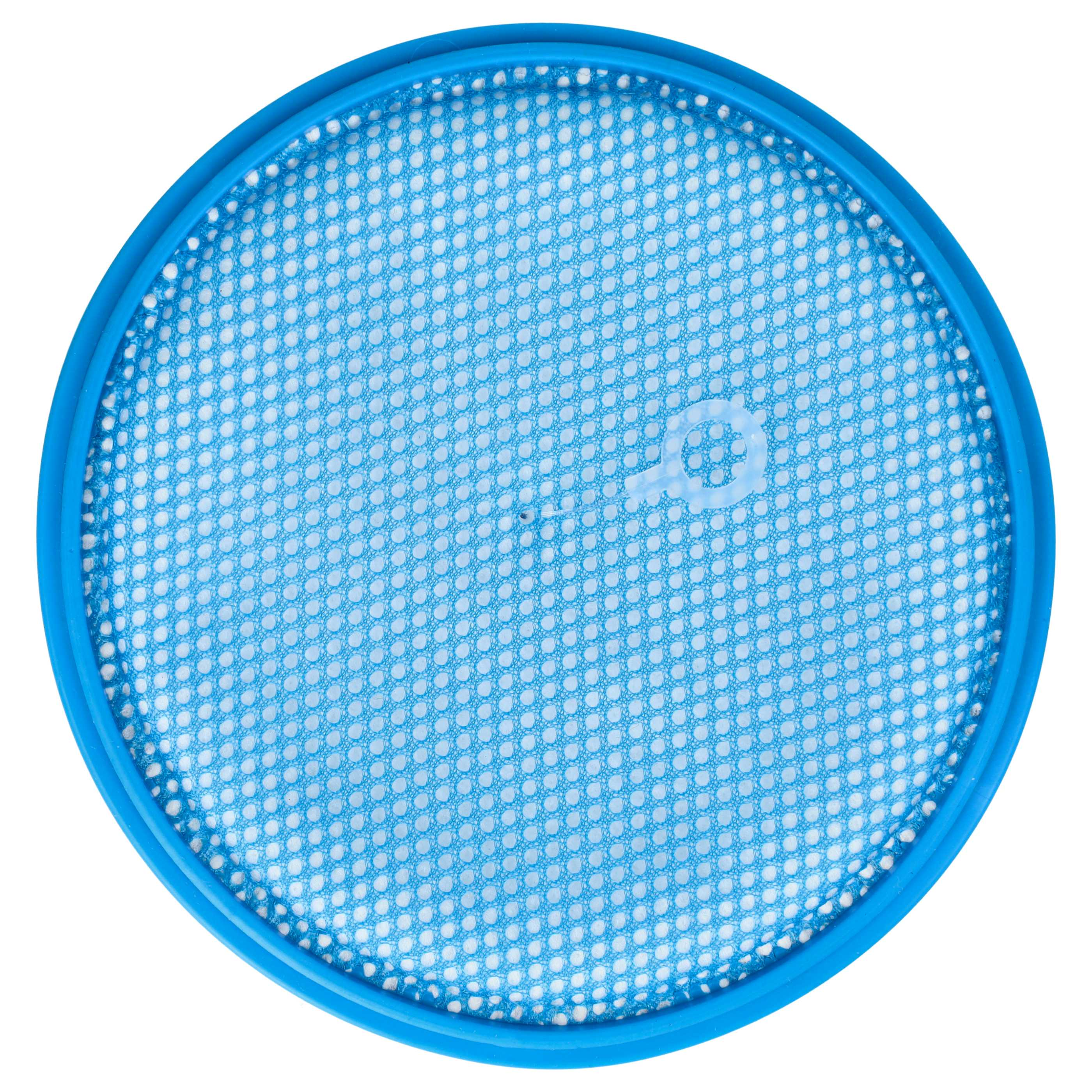 Runder blauer Filter mit feinem Gitter und kleiner Lasche in der Mitte auf weißem Hintergrund.
