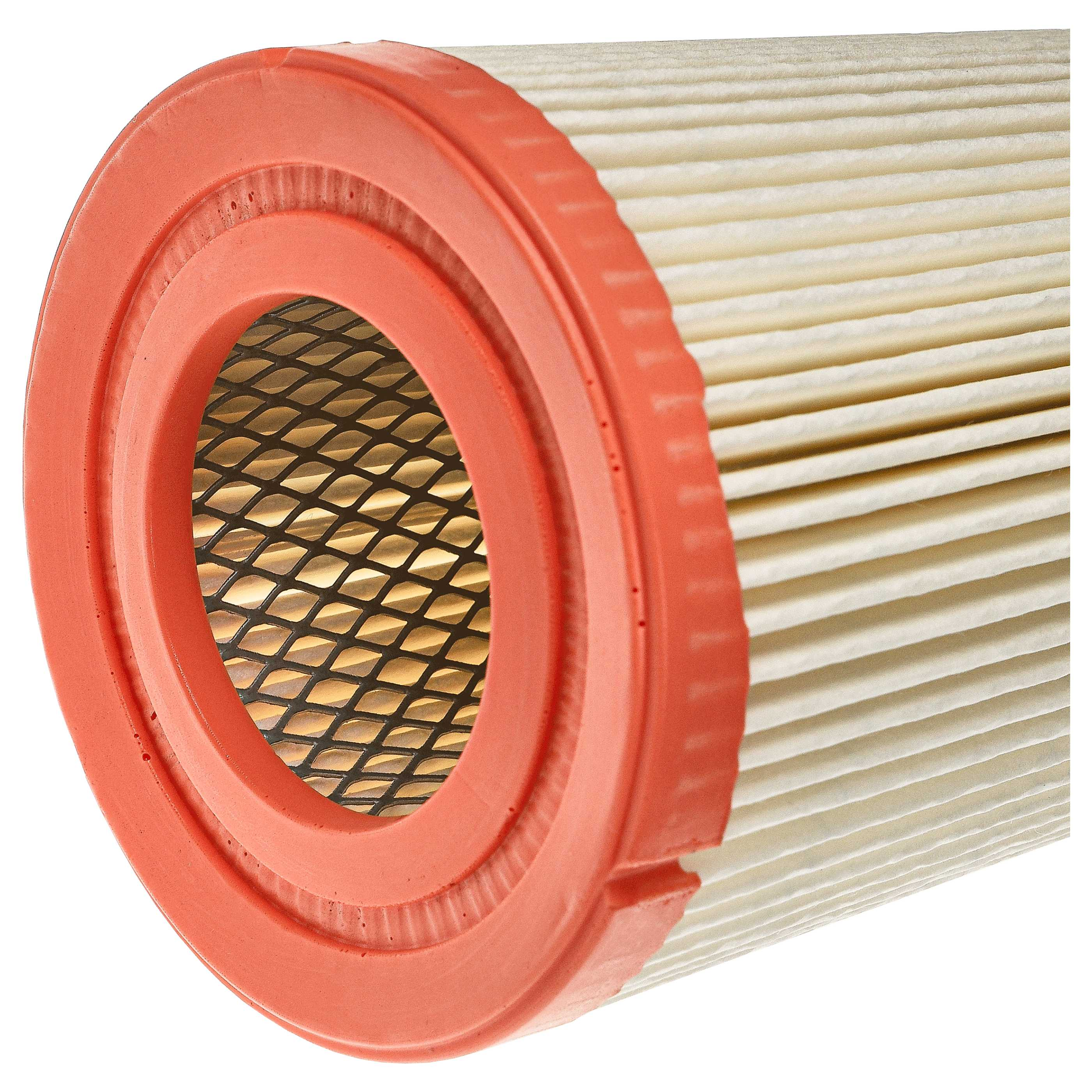 Ein zylindrischer Luftfilter mit einem roten Gummirahmen und plissiertem weißen Filtermaterial.