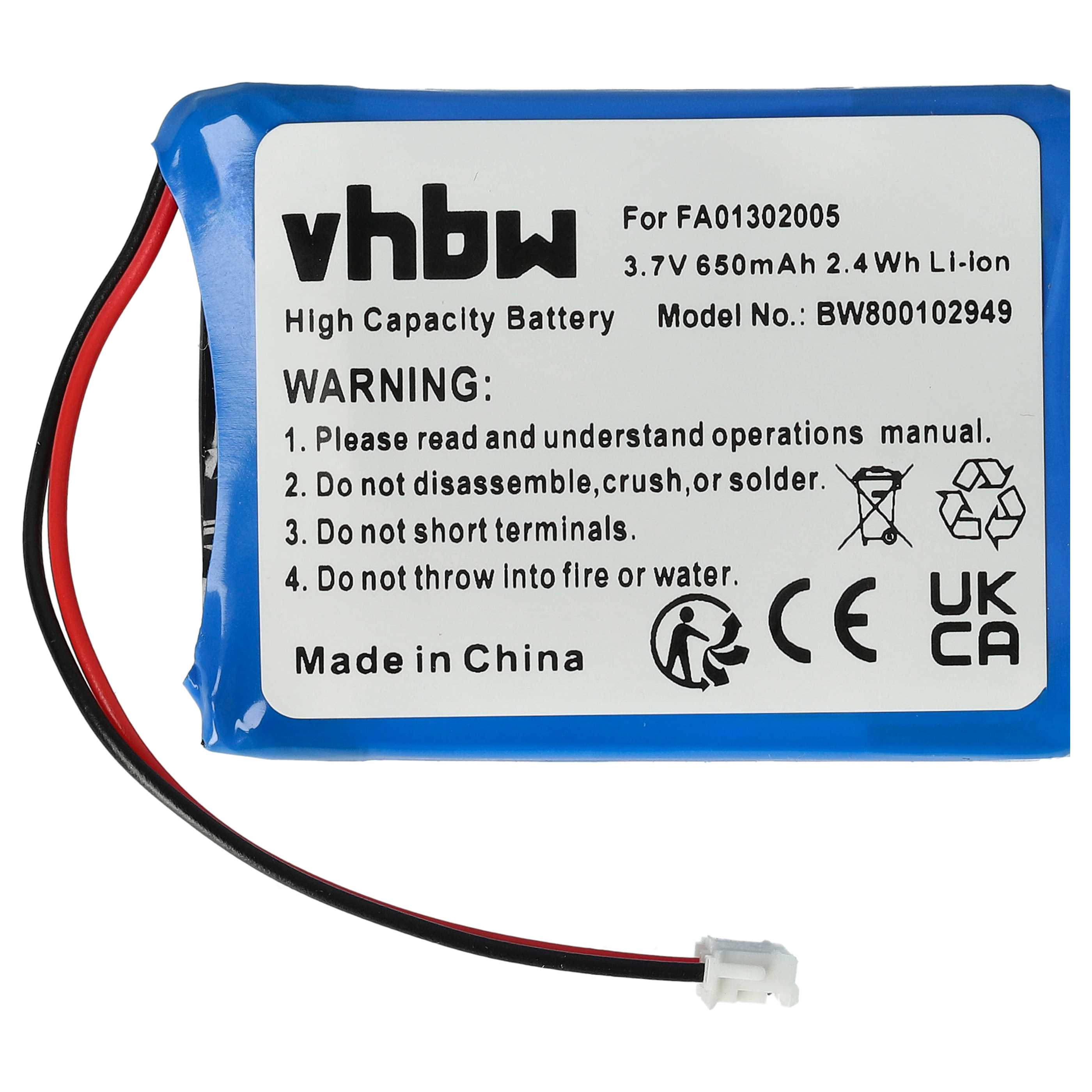 Ein blauer Vhbw Akku mit roten und schwarzen Kabeln und weißem Stecker, Warntext und Symbolen.