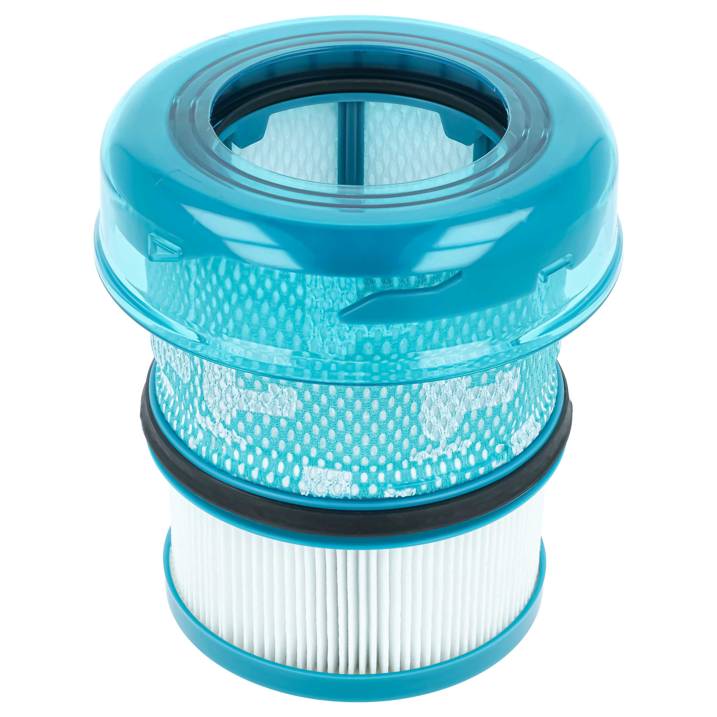 Ein zylindrischer Staubsaugerfilter mit blauem Kunststoffgehäuse, weißem Faltenfilter und feinem Mesh-Einsatz.