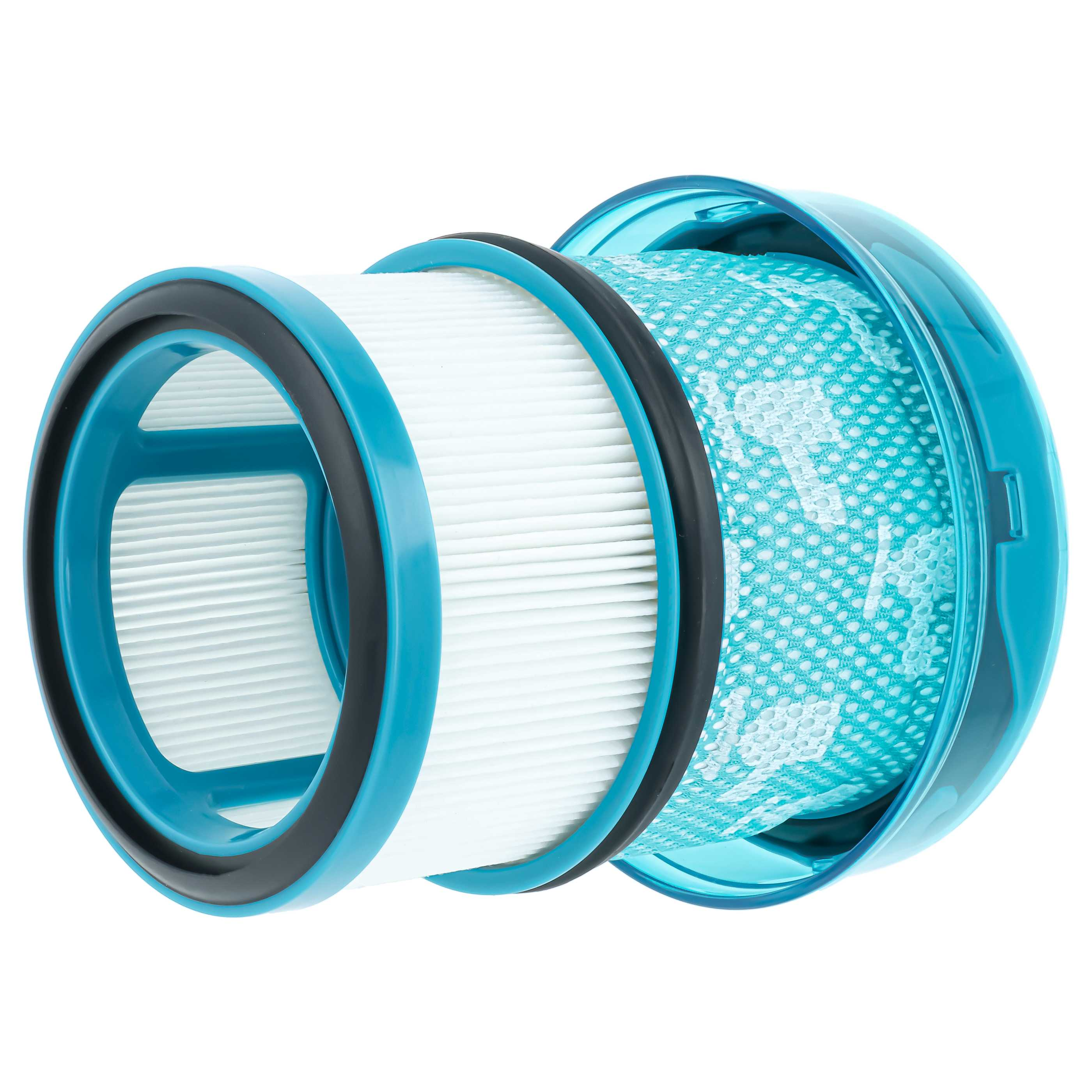 Zylindrischer Staubsaugerfilter mit weißer Lamellenstruktur, blauen Rändern und einem blauen Gehäuse auf weißem Grund.