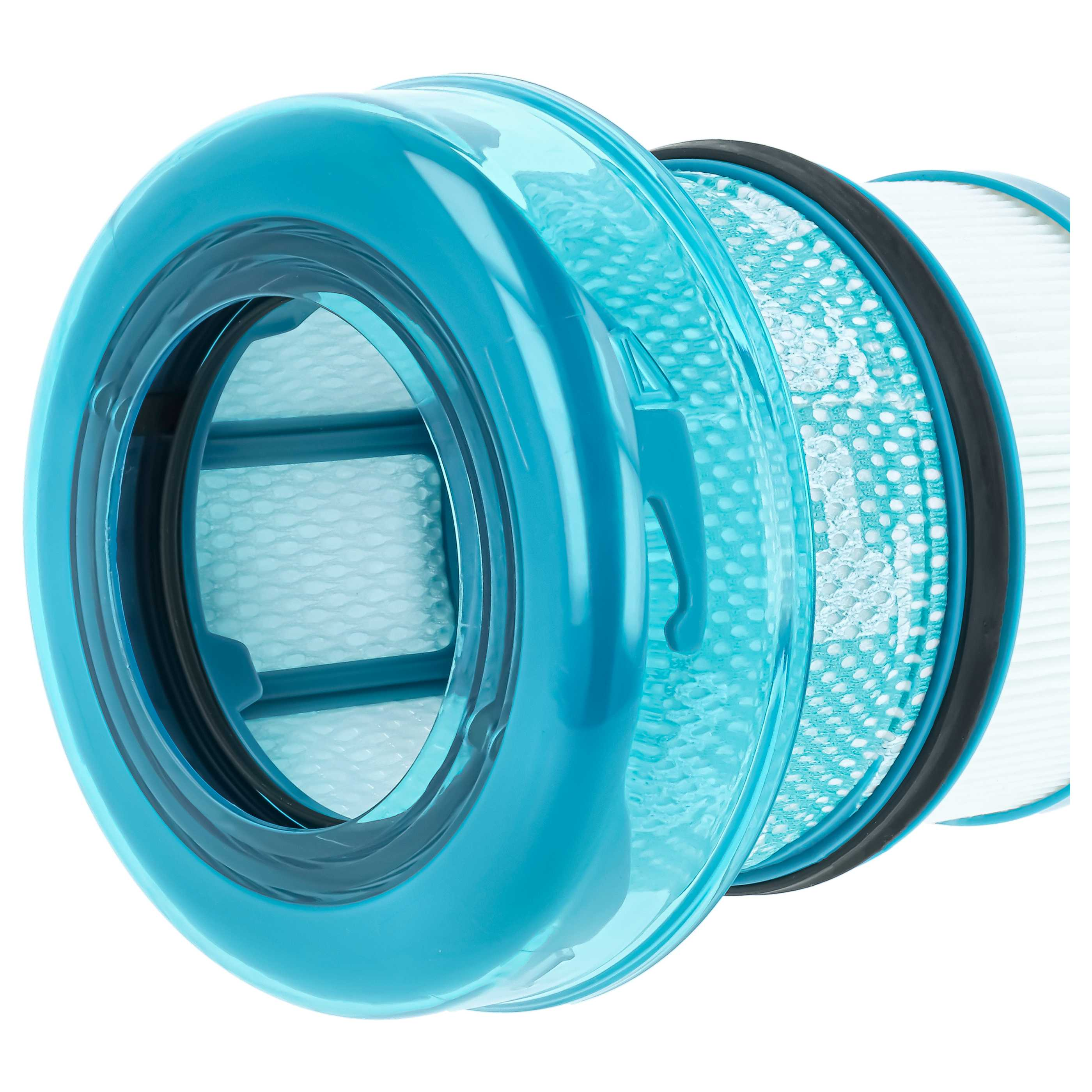 Ein zylindrischer blauer und weißer Staubsaugerfilter mit Plastikgehäuse und Faltenfilter.