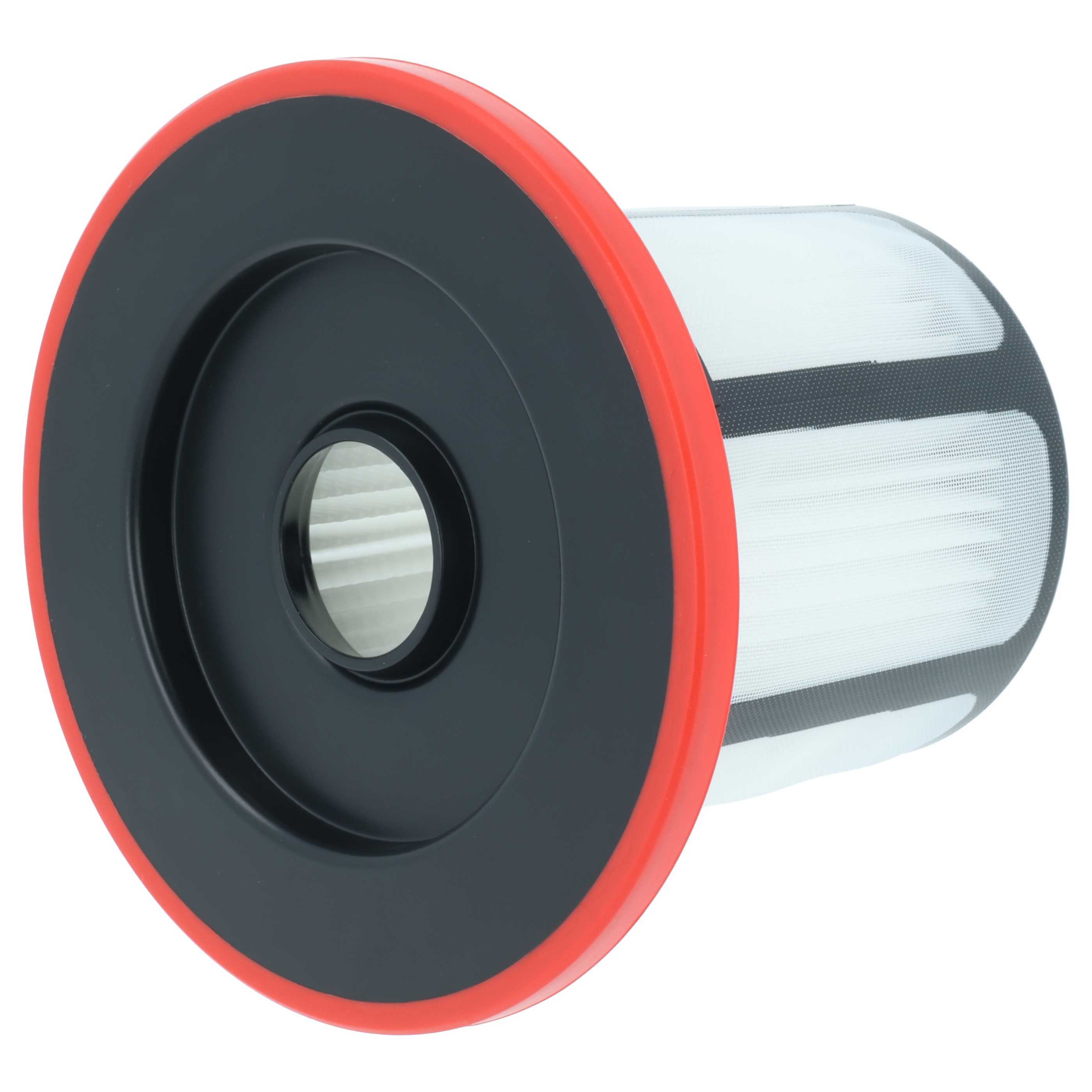 Staubsaugerfilter mit rotem Rand, schwarzer Basis und zylindrischem weißem Mesh-Körper.