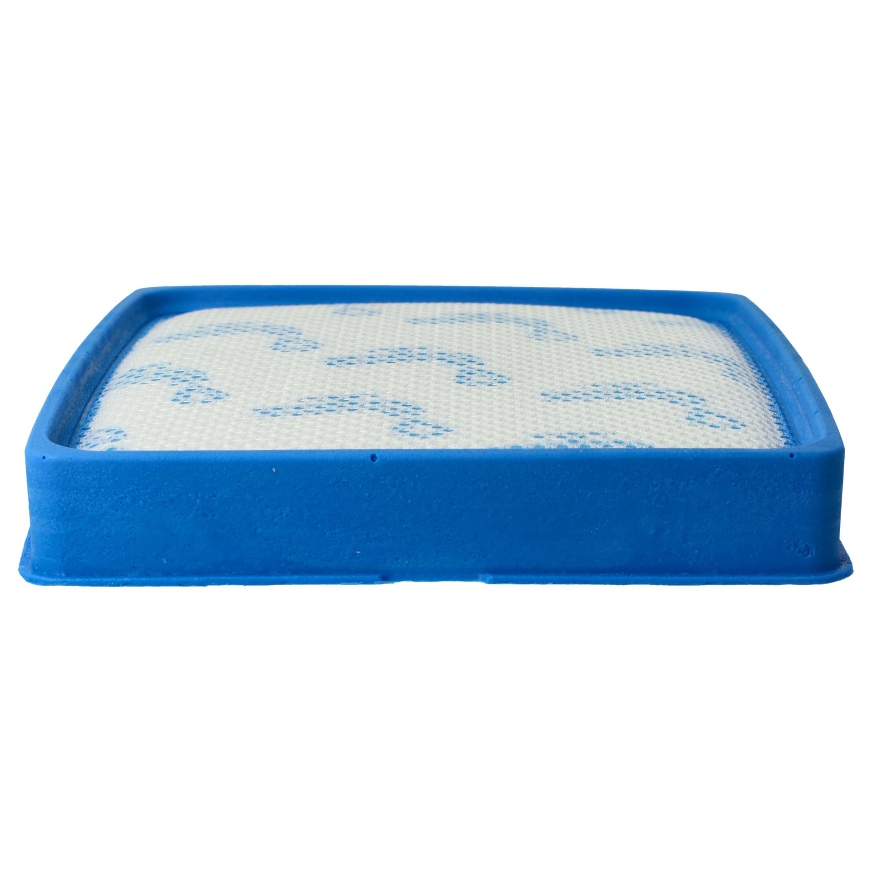 Ein rechteckiger Luftfilter mit blauem Gummirahmen und weißem Filtermaterial mit blauen Punkten auf weißem Hintergrund.