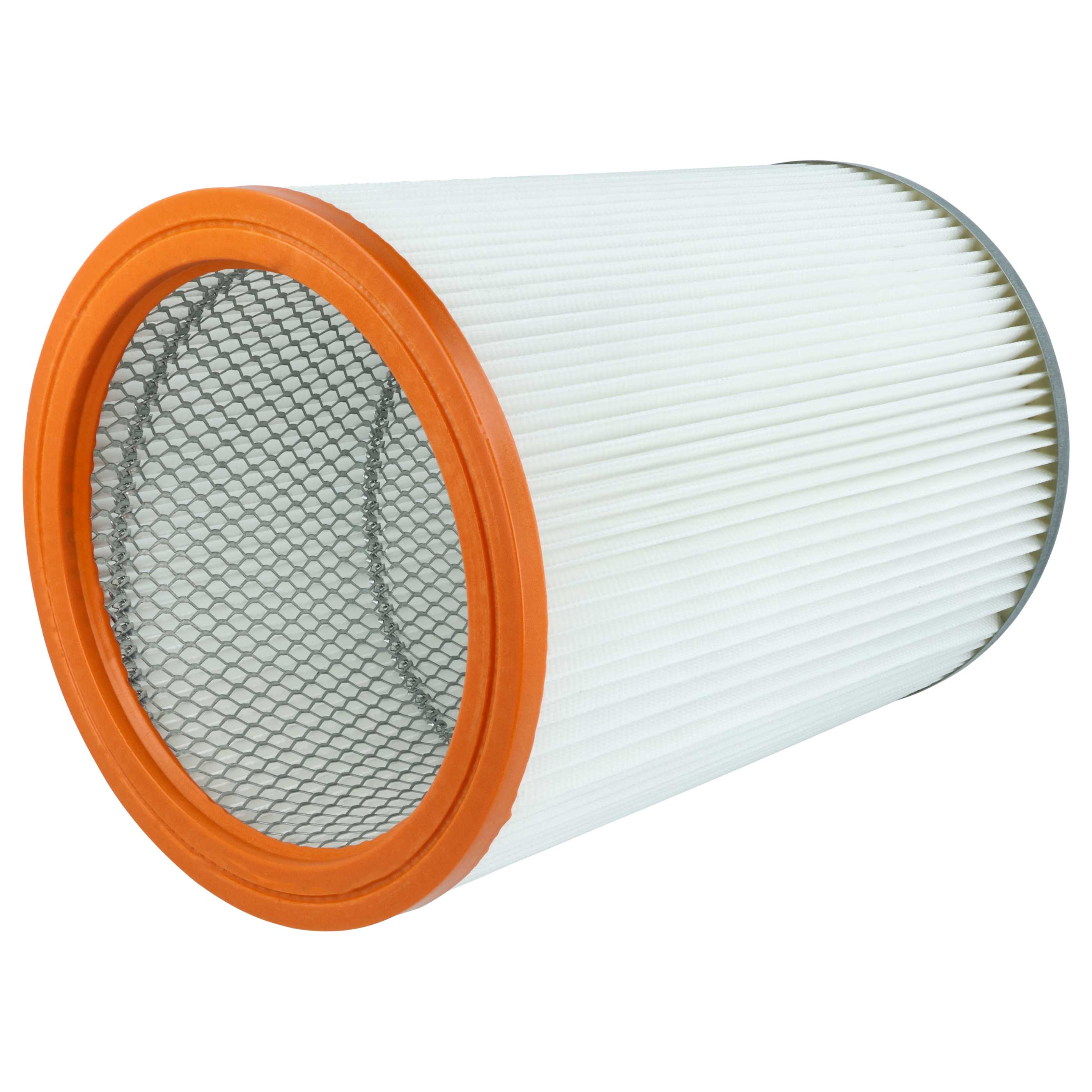 Ein zylindrischer weißer Filter mit einem orangefarbenen Rand und einem Metallnetz im Inneren.