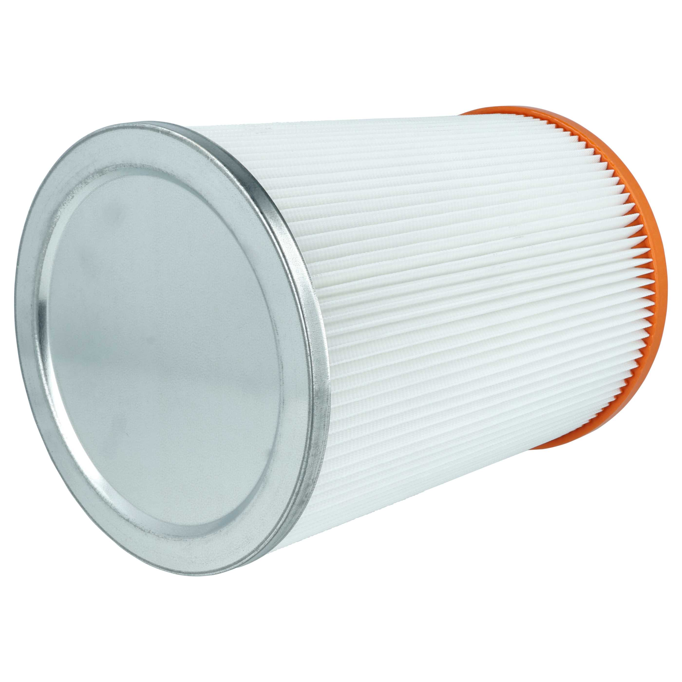 Zylindrischer weißer Faltenfilter mit Metallkappe und orangefarbenem Rand auf weißem Hintergrund.