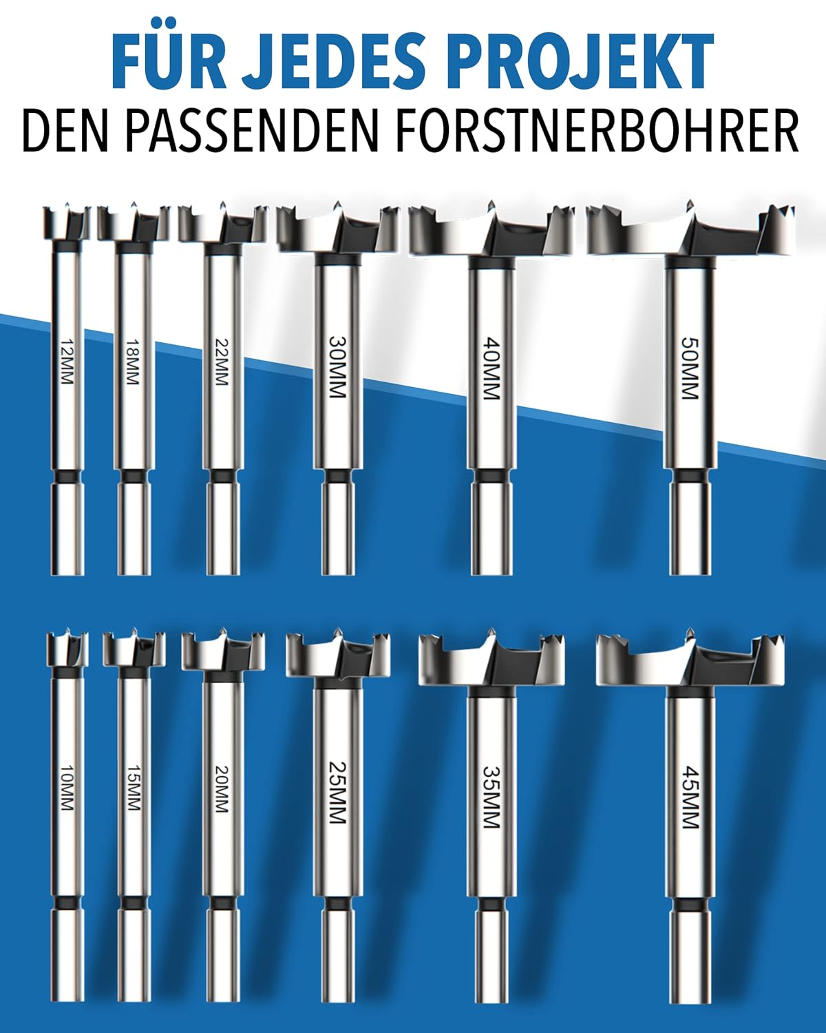 Zwölf Forstnerbohrer in verschiedenen Größen von 10mm bis 50mm auf blauem Hintergrund mit deutschem Werbetext.