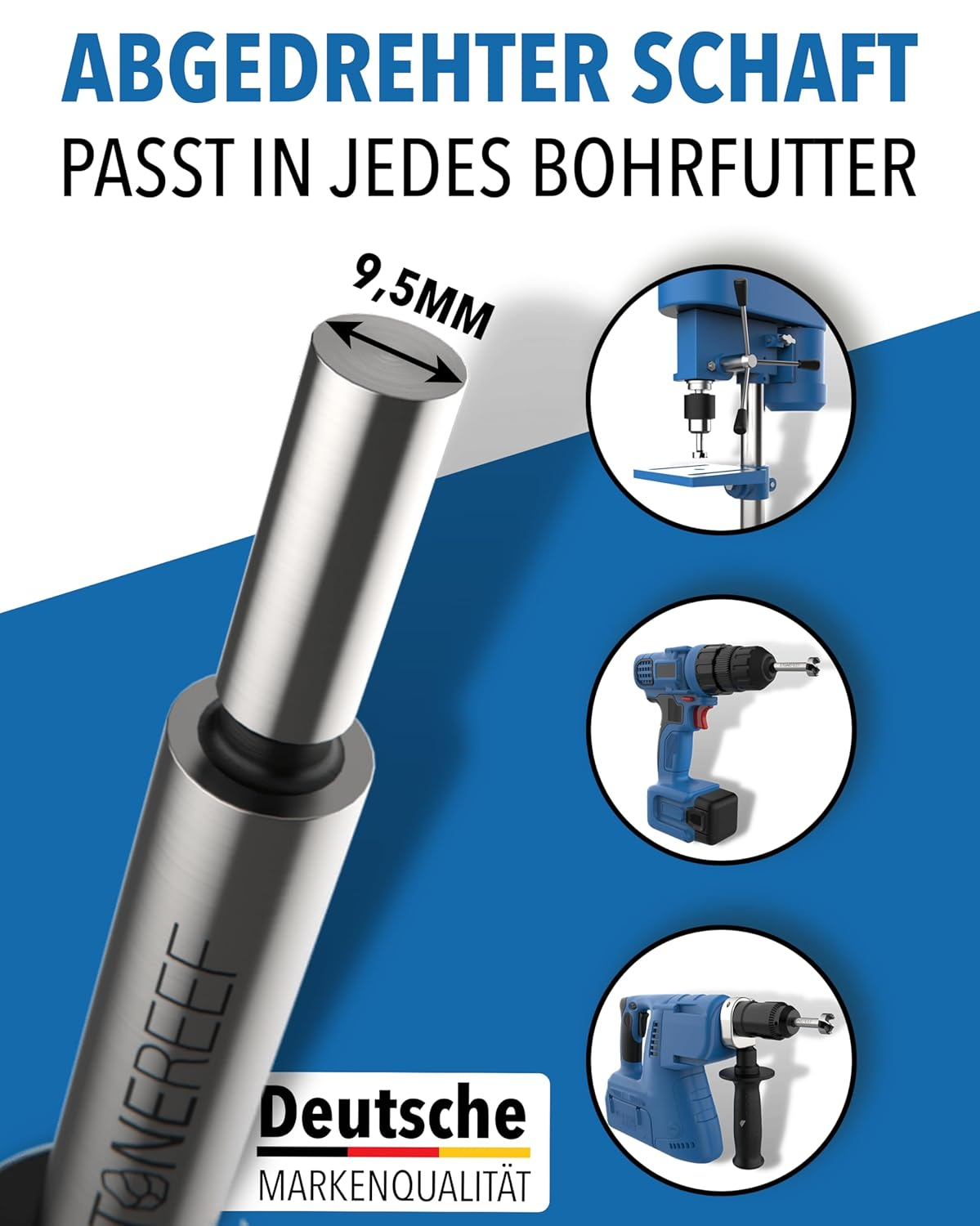 Ein 9,5mm Werkzeugschaft und drei verschiedene blaue Bohrmaschinen.