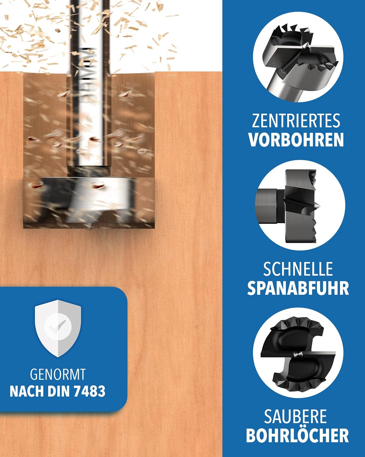 Ein Forstnerbohrer bohrt in Holz, mit Detailansichten zur Spanabfuhr, Zentrierung und sauberen Löchern.