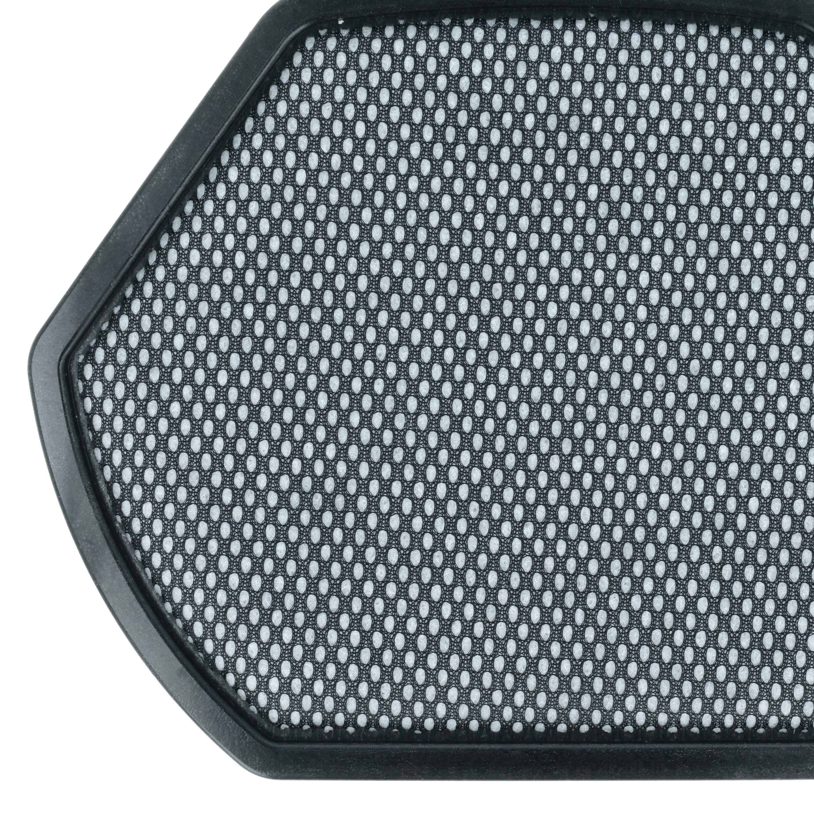 Ein schwarzer, sechseckiger Rahmen mit feinem grauen Mesh-Gitter vor weißem Hintergrund.