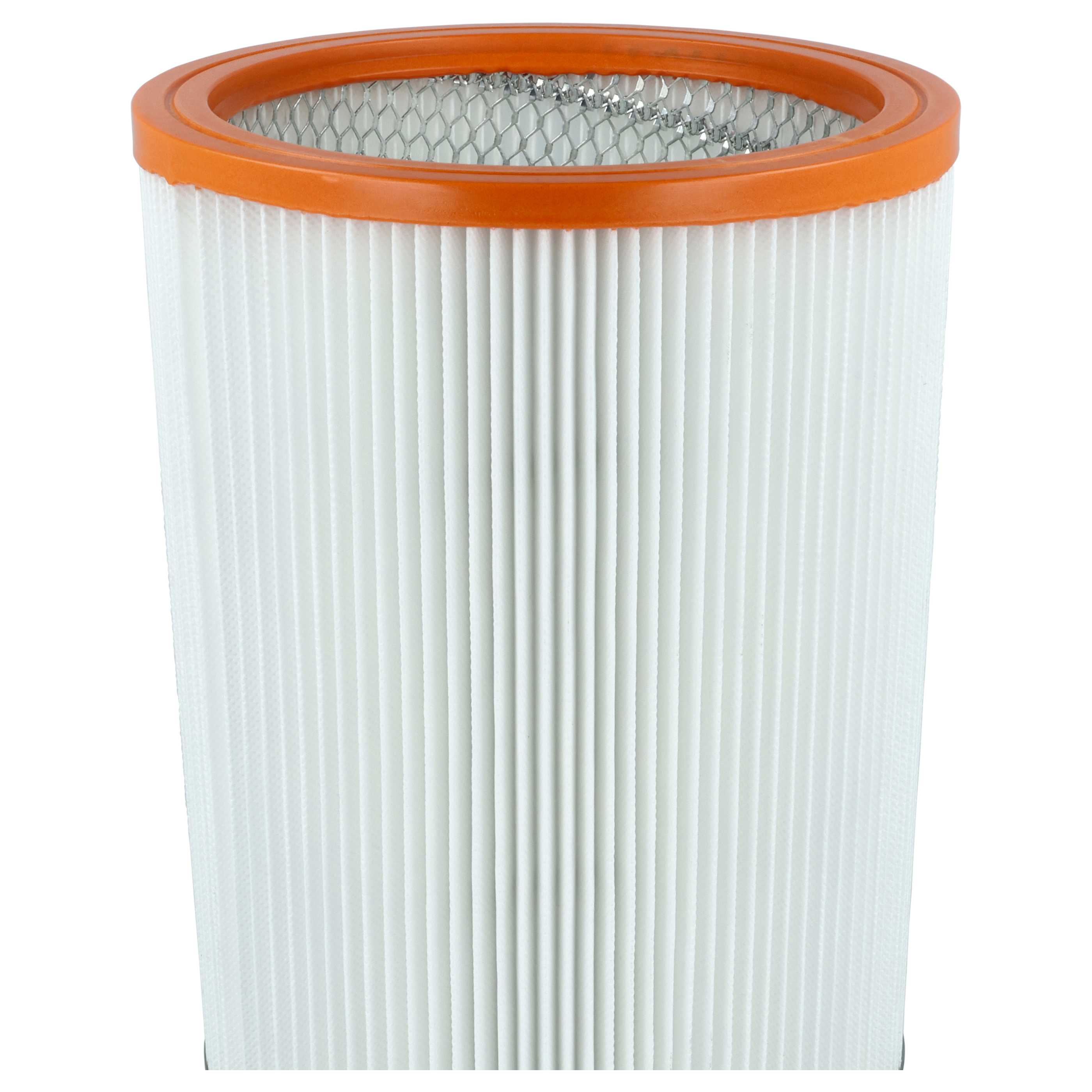 Ein weißer zylindrischer Luftfilter mit orangefarbenem Rand und einem inneren Metallgitter.