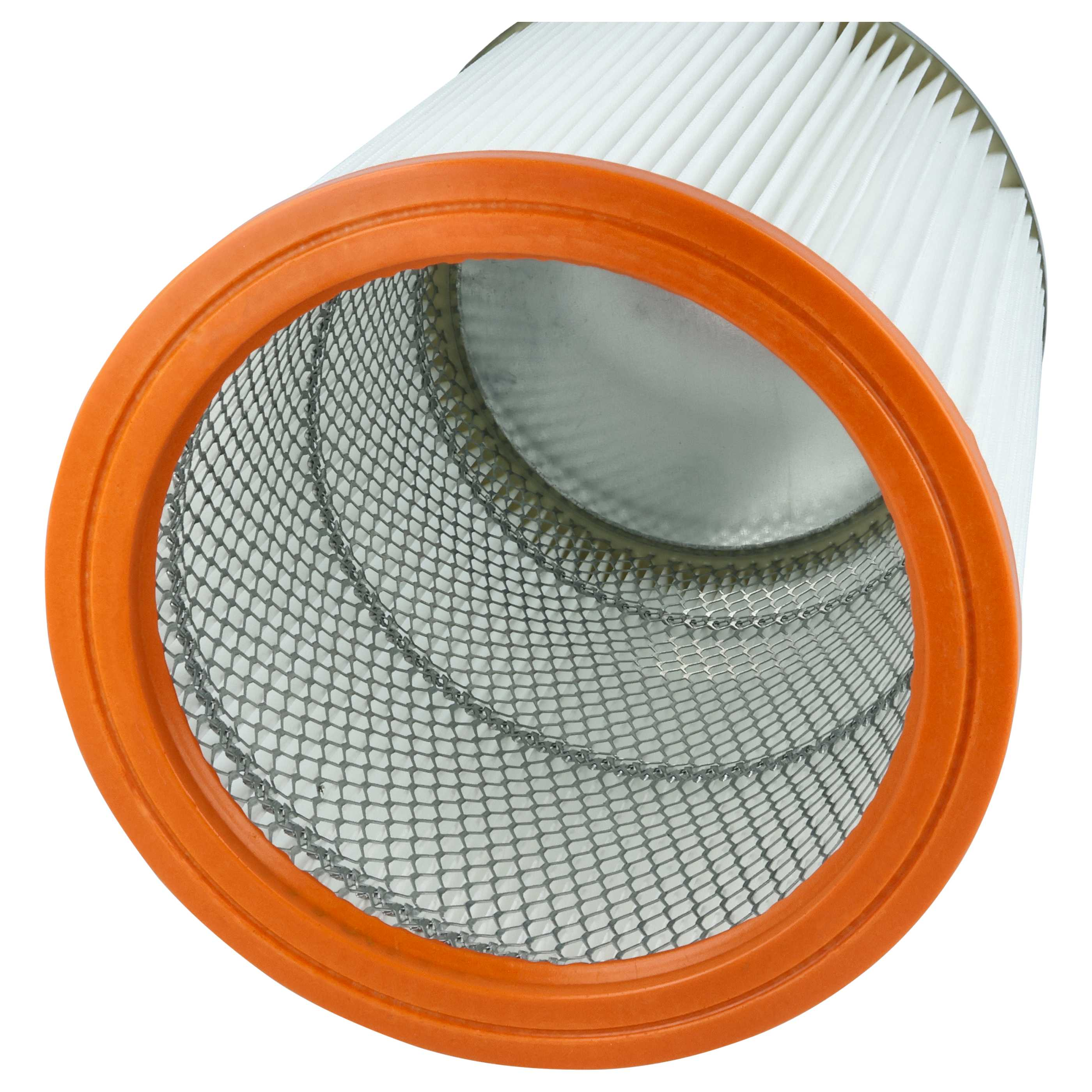 Ein zylindrischer Filter mit einem orangefarbenen Rand, weißem Faltenmaterial und einem inneren Metallnetz.