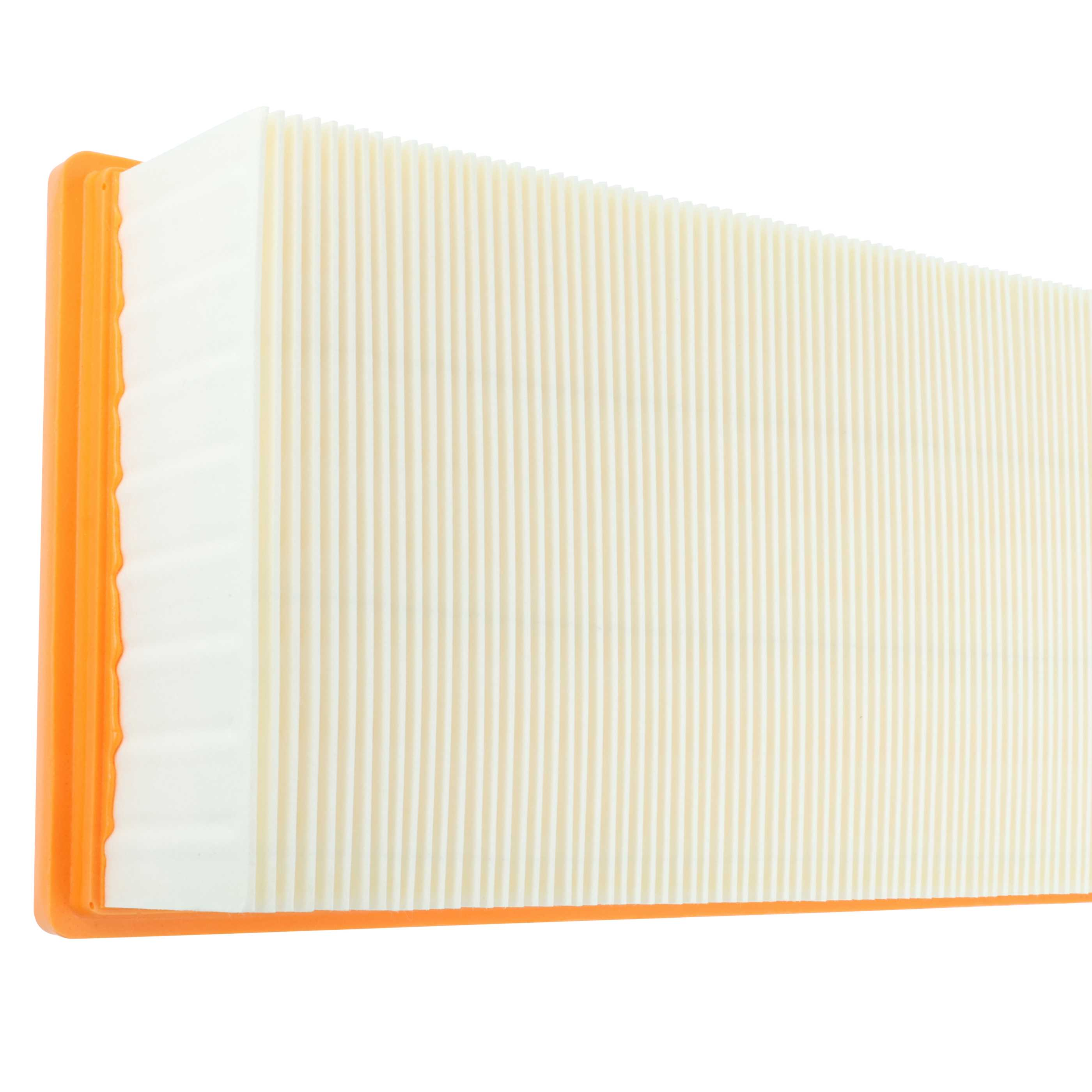 Ein rechteckiger Luftfilter mit weißen Papierlamellen und einem orangefarbenen Rahmen auf weißem Hintergrund.
