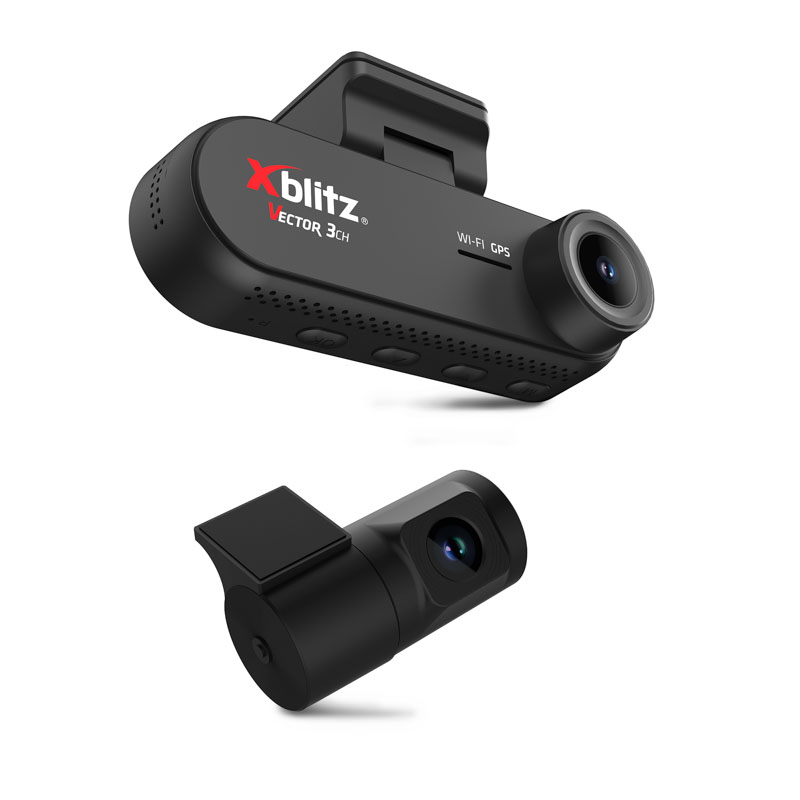 Zwei schwarze Xblitz Dashcams mit Linsen und Montagen auf weißem Hintergrund.