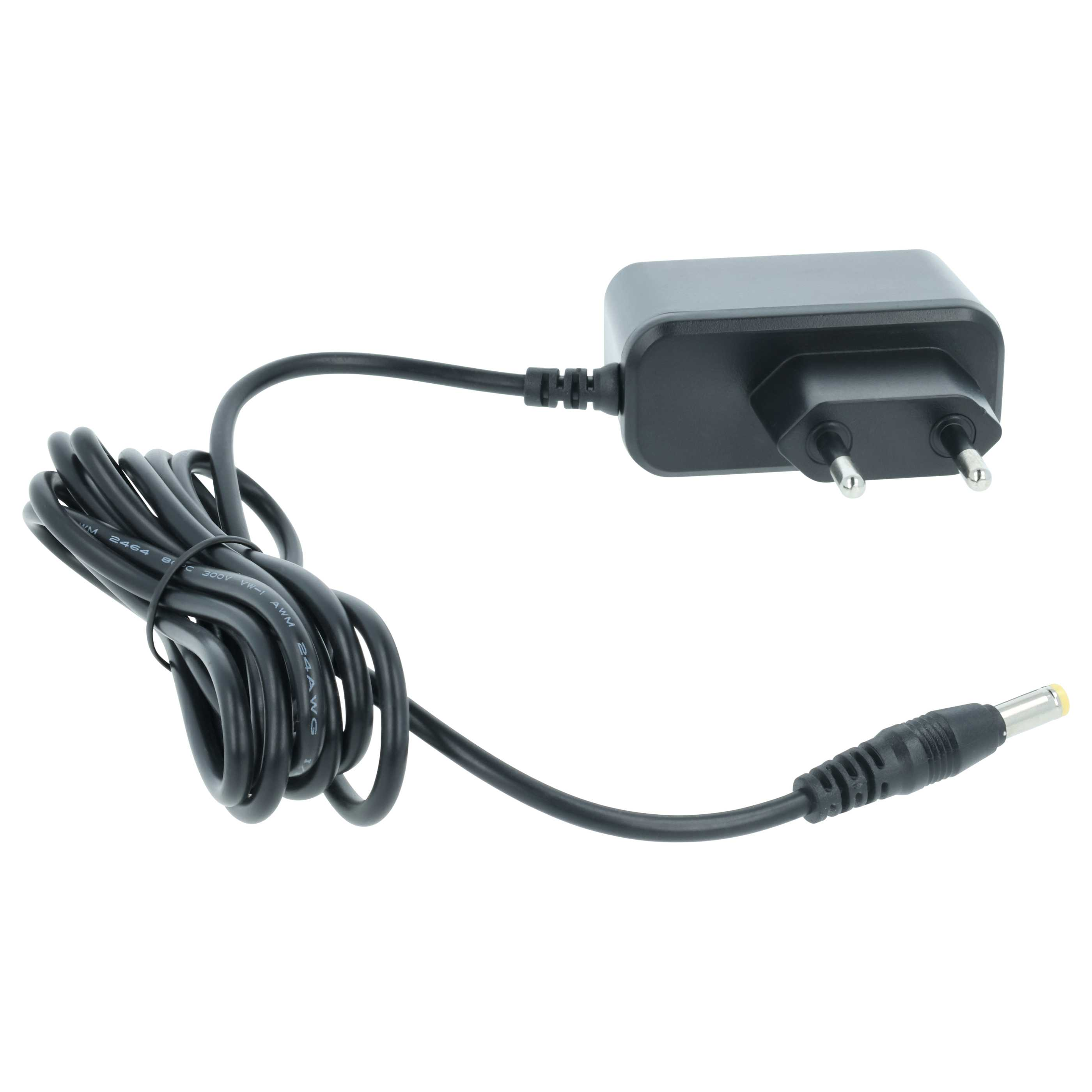 Ein schwarzes Netzteil mit einem EU-Stecker, einem aufgerollten Kabel und einem zylindrischen DC-Stecker.