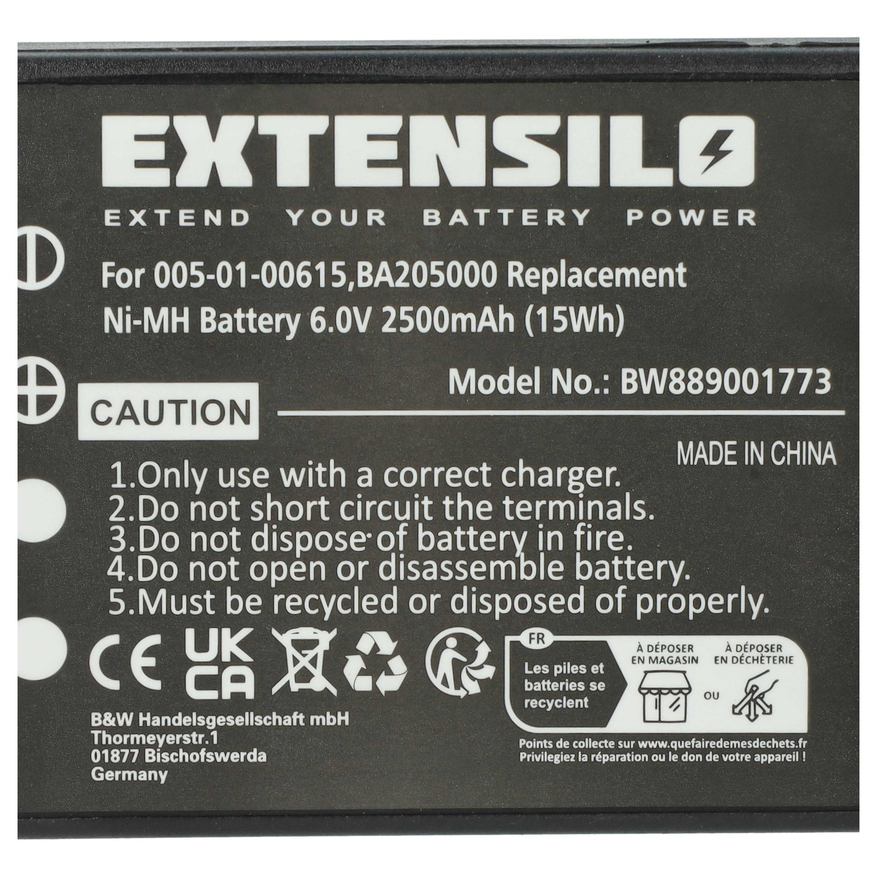 Schwarzes Etikett einer Extensilo Ni-MH Batterie mit technischen Daten, Warnhinweisen und Recyclingsymbolen.