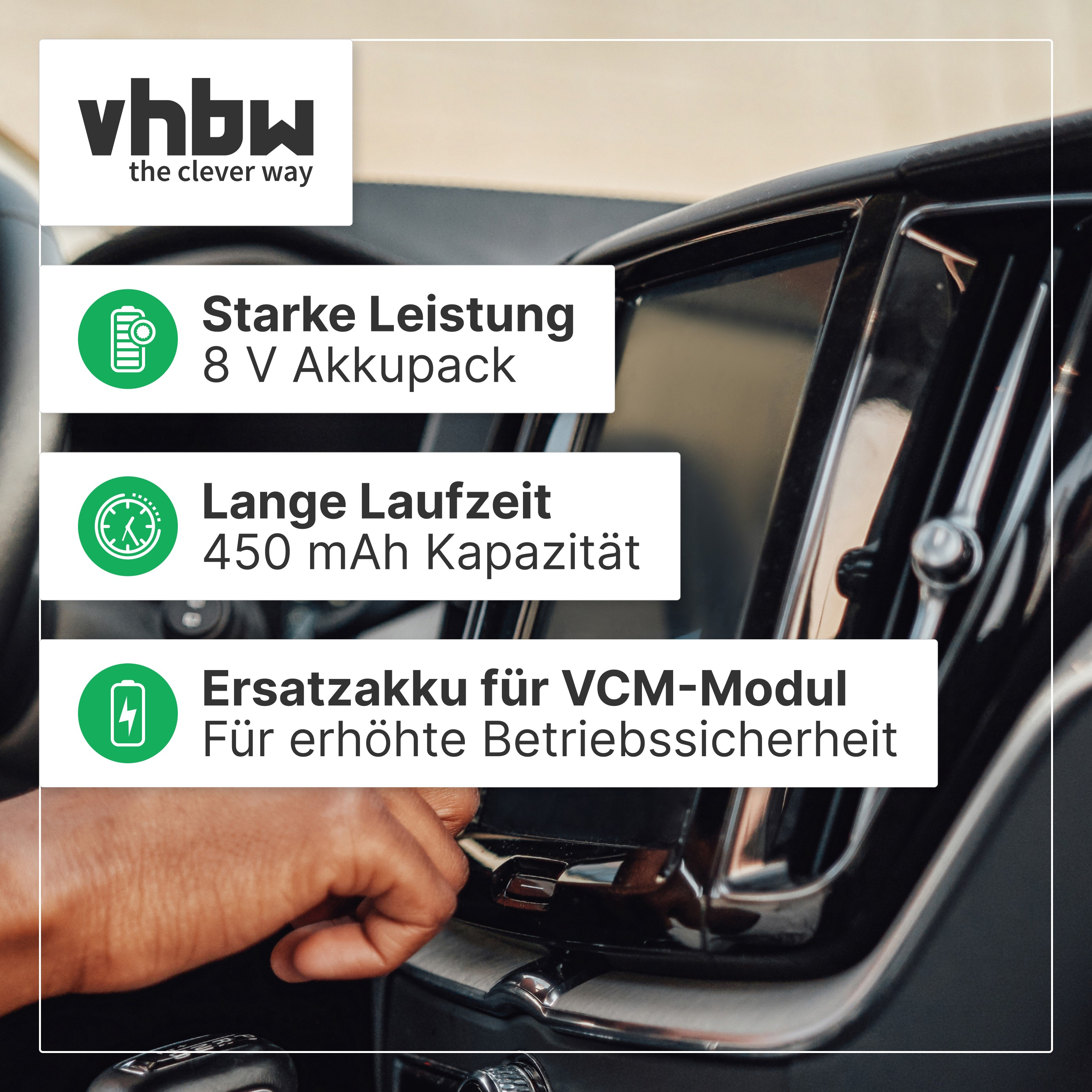 Auto-Innenraum mit VCM-Modul-Ersatzakku-Textoverlays und vhbw-Logo.
