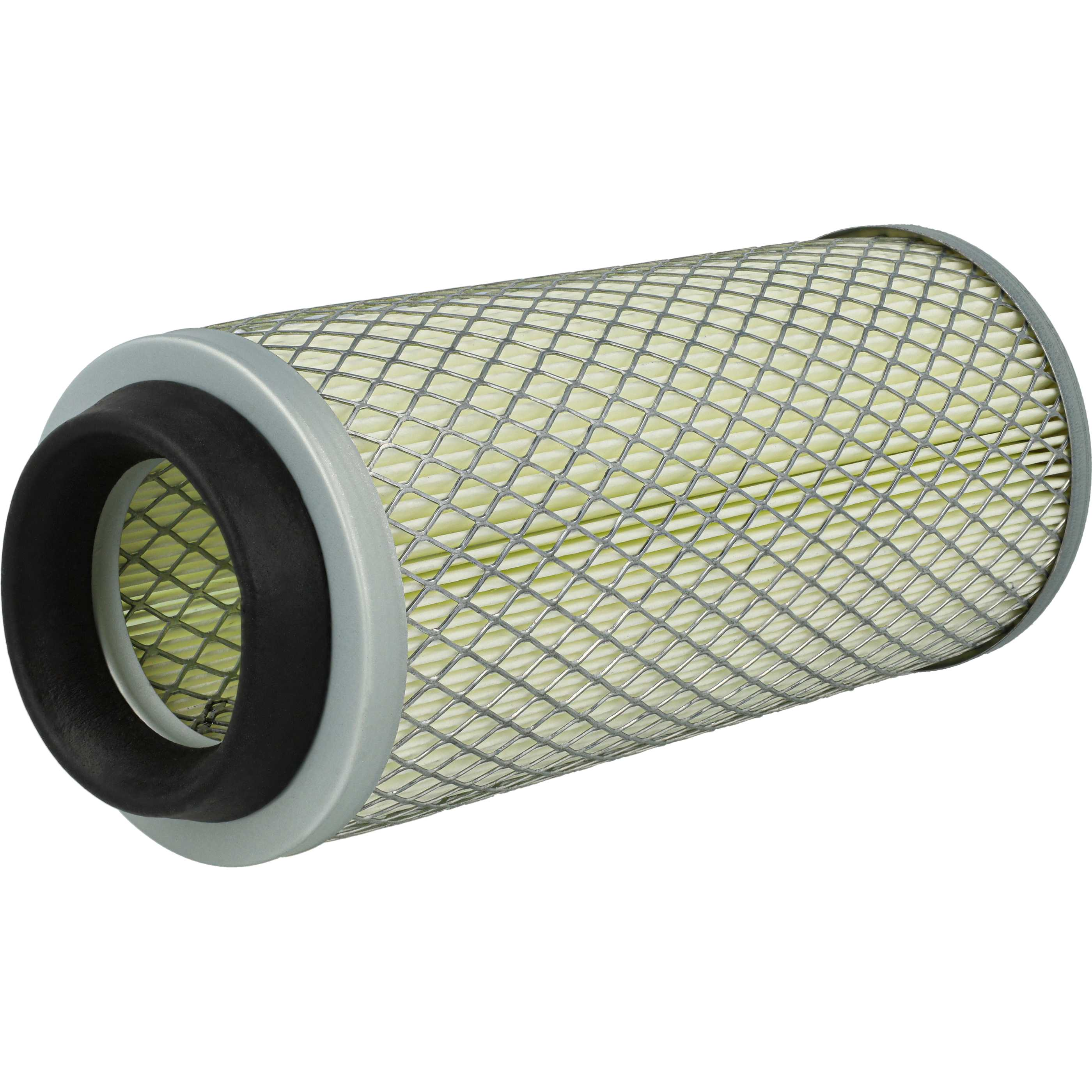 Ein zylindrischer Luftfilter mit Metallgitter, weißem Faltenpapier innen und schwarzer Gummidichtung.