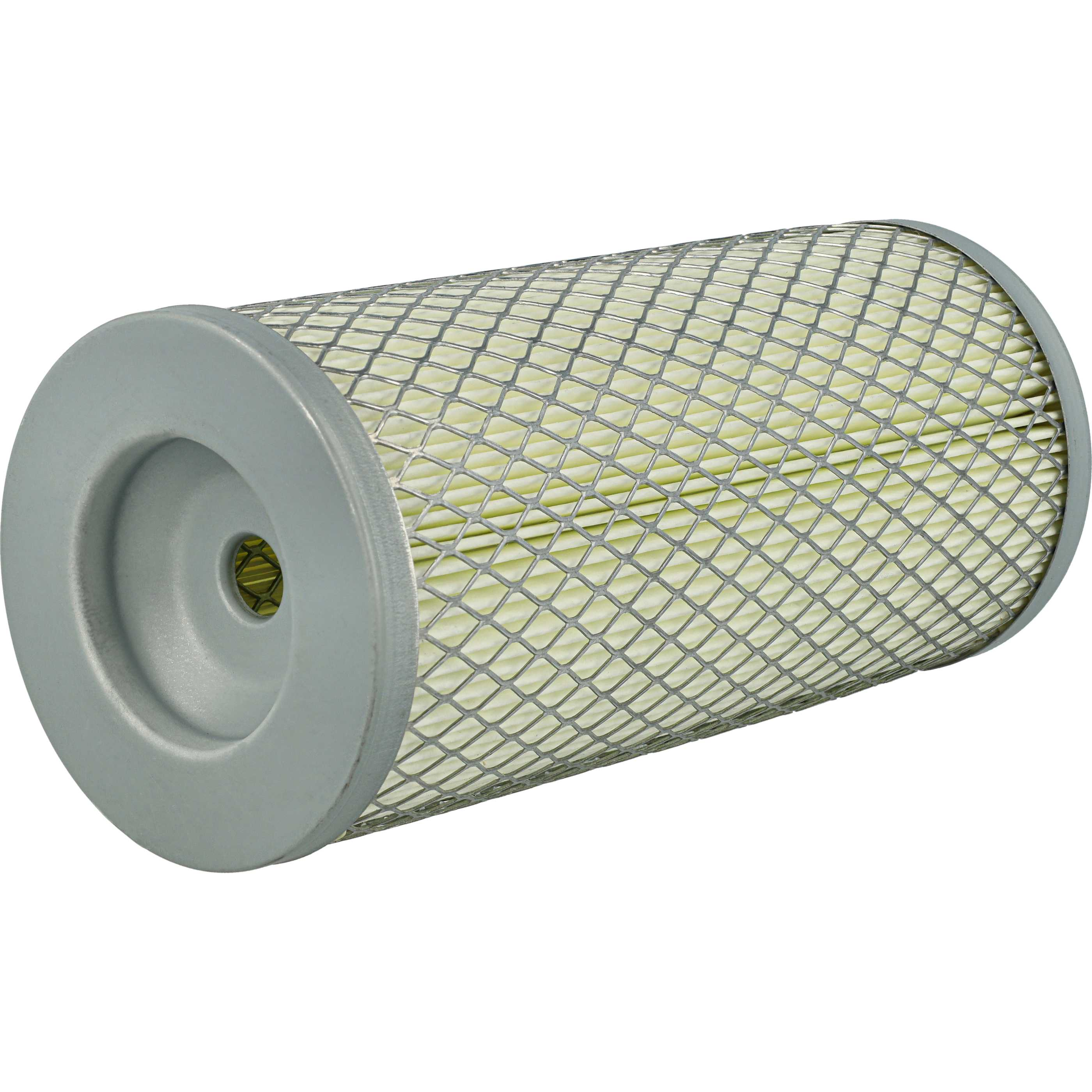 Zylindrischer Luftfilter mit grauem Metallrahmen und feinem Netzgitter auf weißem Hintergrund.
