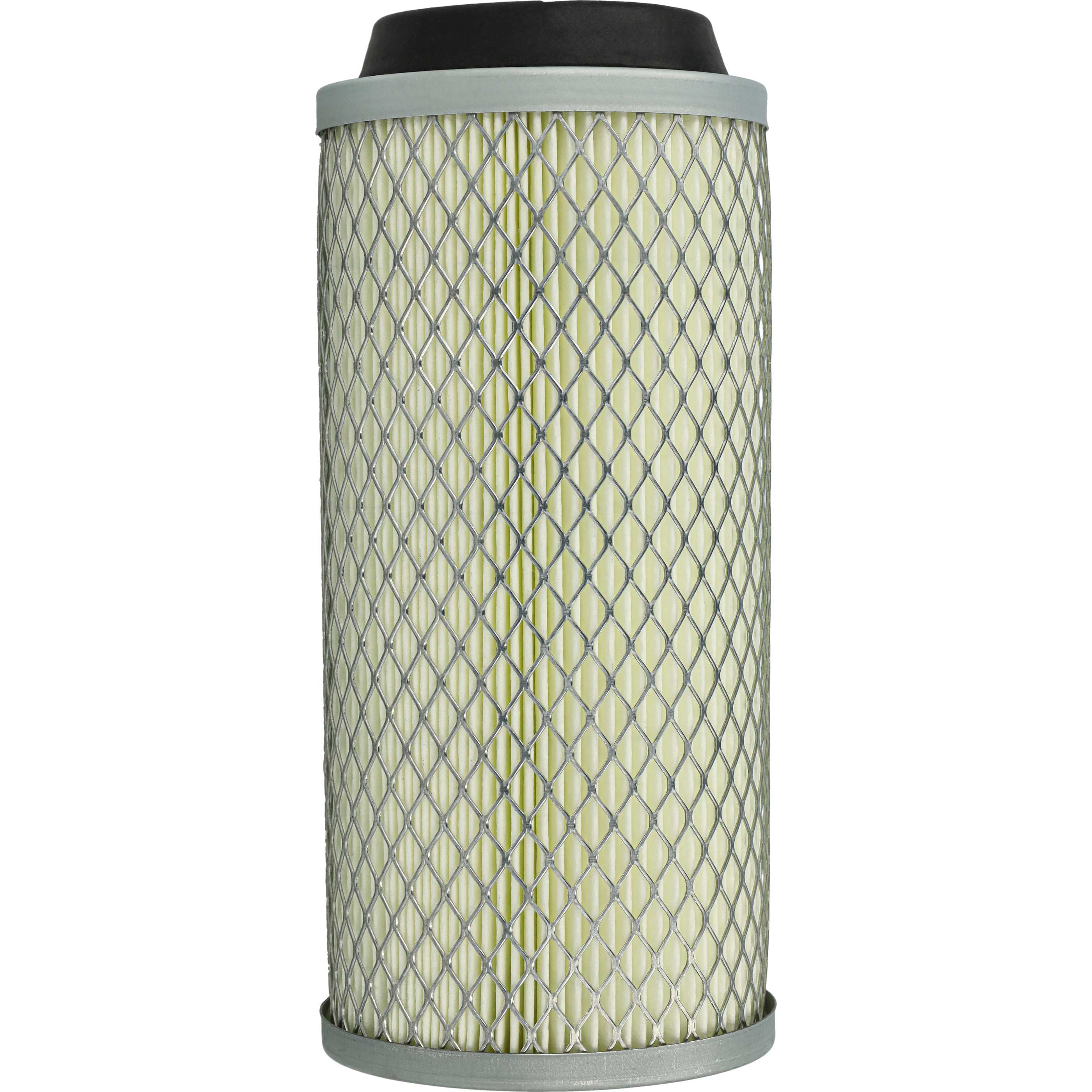 Zylindrischer Luftfilter mit weißem Faltenfilterelement und Metallgitter.