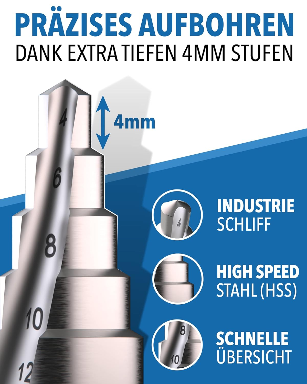 Stufenbohrer mit 4mm Tiefenstufe, Industriecut, HSS-Stahl und Skala für präzises Bohren.