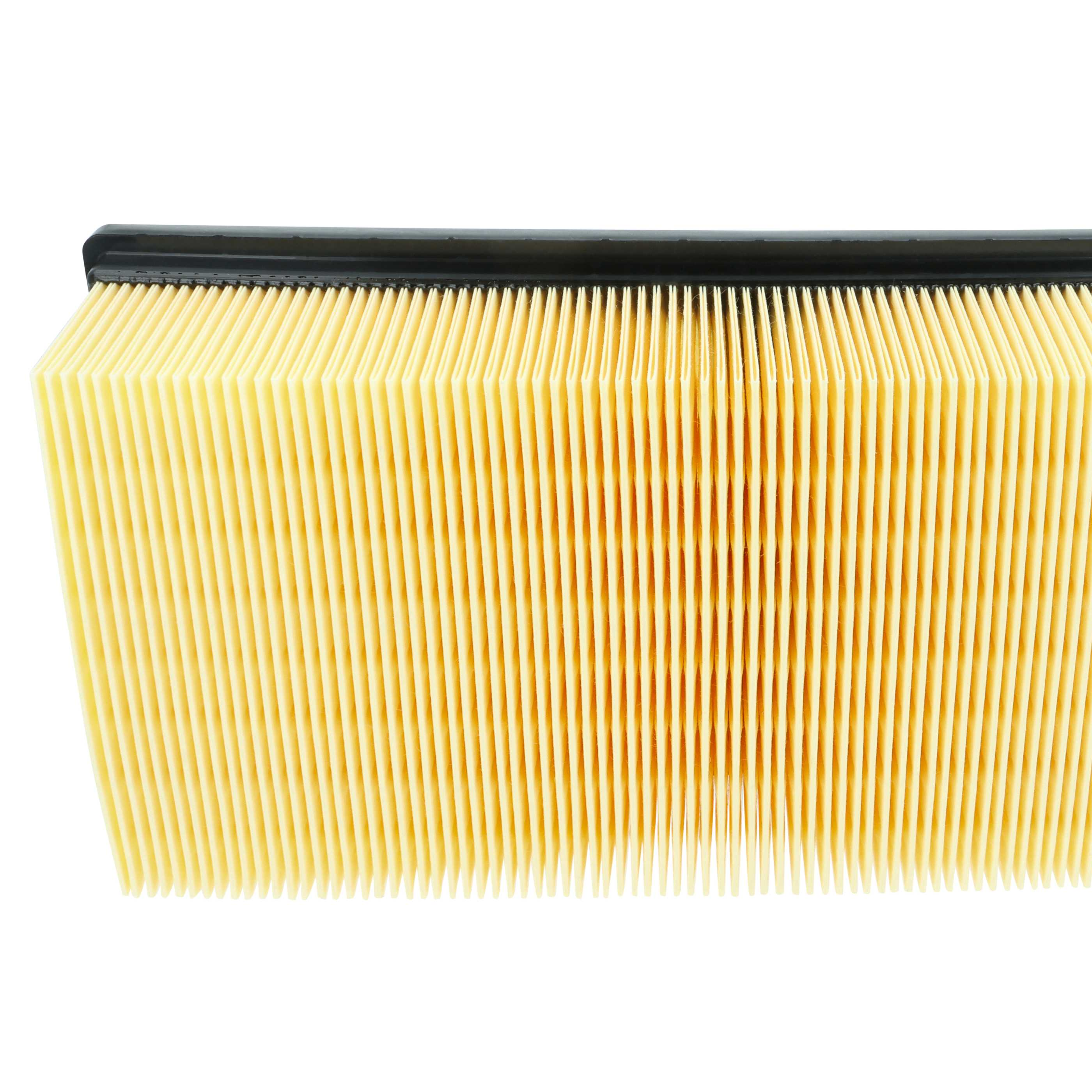 Ein gelber Papierluftfilter mit schwarzen Rändern vor weißem Hintergrund.