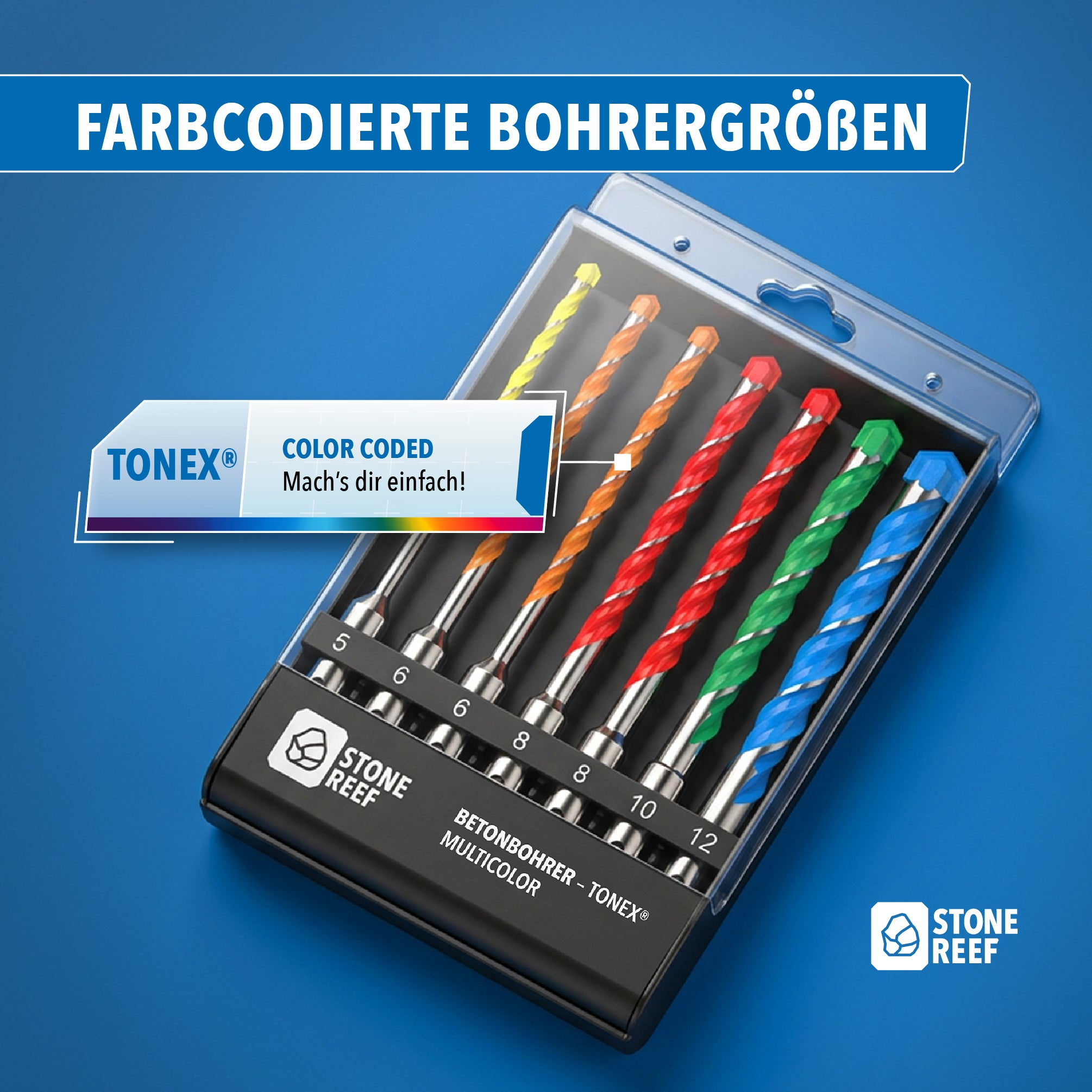 Ein Set aus sieben farbcodierten Steinbohrern von Stone Reef in einer transparenten Plastikbox.